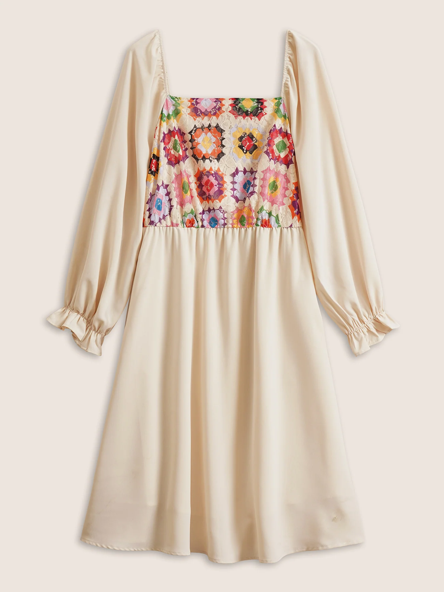 Floral Patchwork Square Neck Gathered Dress - Image 7