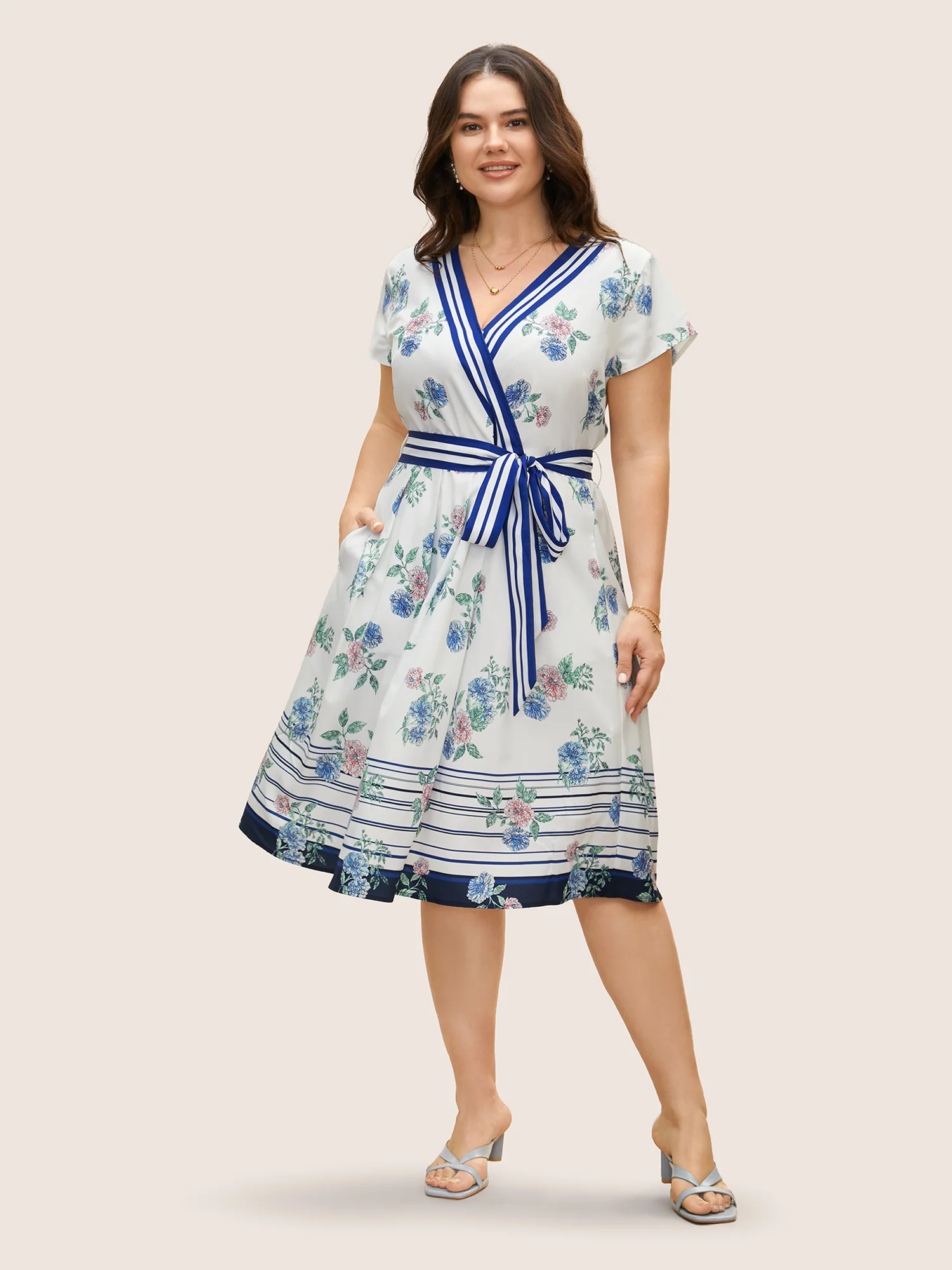 Floral Patchwork Striped Wrap Cap Sleeve Dress - Image 2