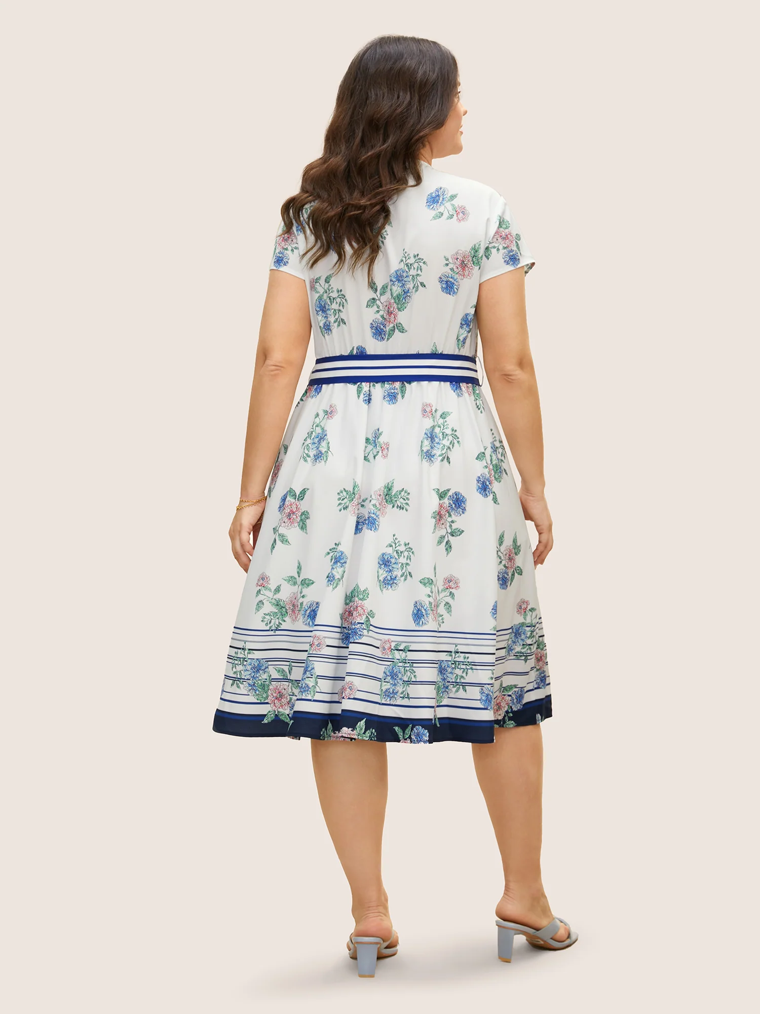 Floral Patchwork Striped Wrap Cap Sleeve Dress - Image 3