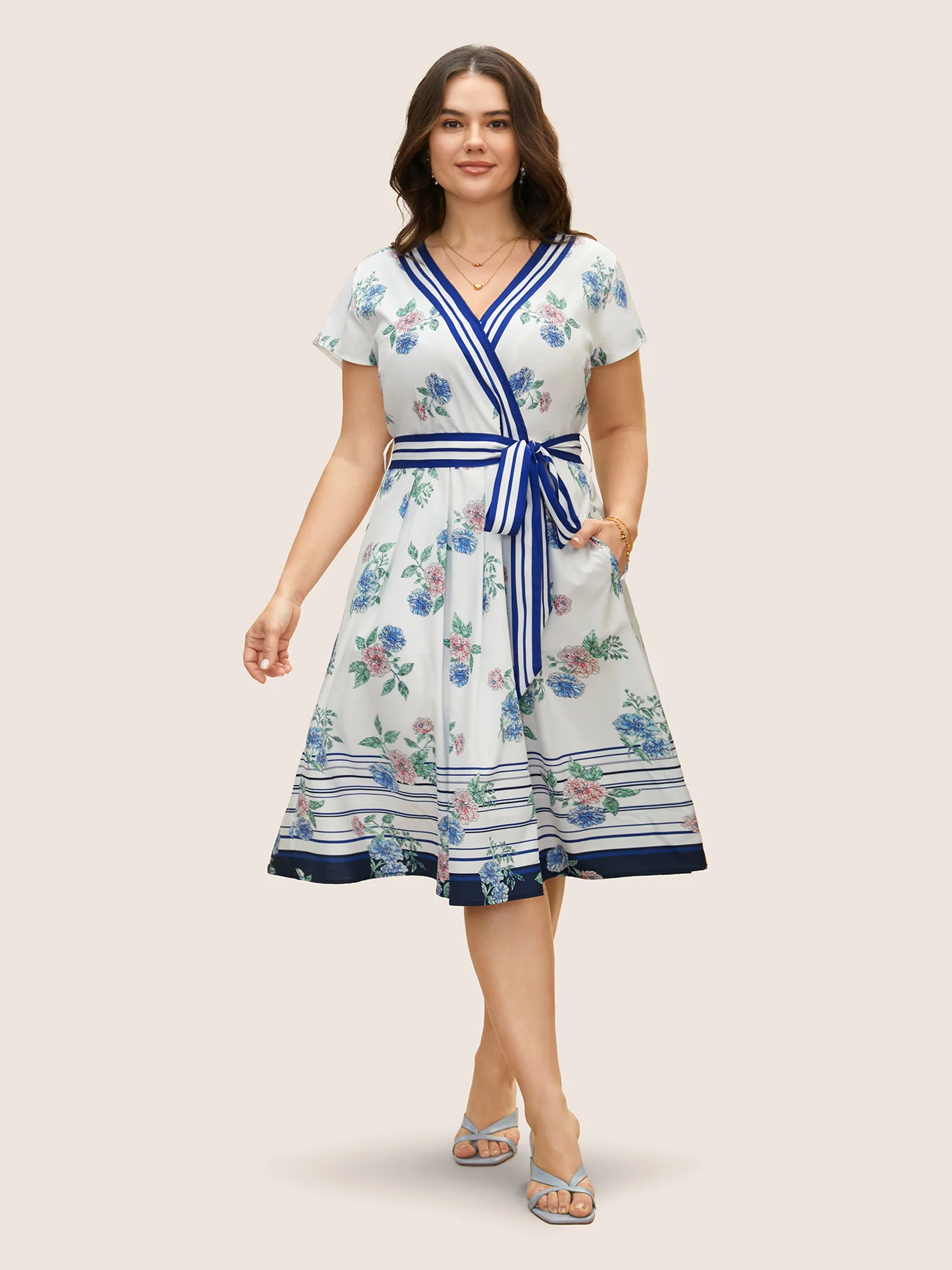 Floral Patchwork Striped Wrap Cap Sleeve Dress - Image 4