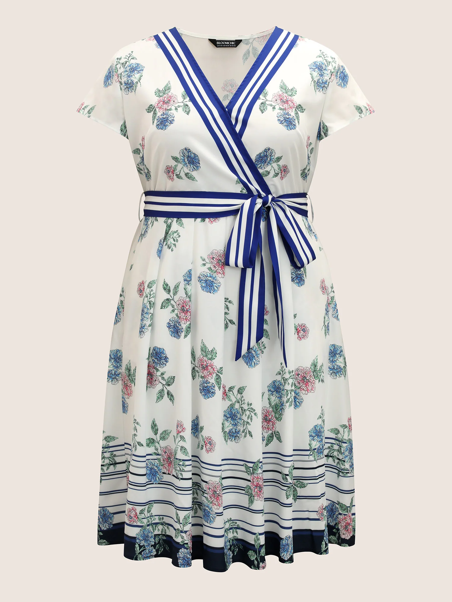 Floral Patchwork Striped Wrap Cap Sleeve Dress - Image 8