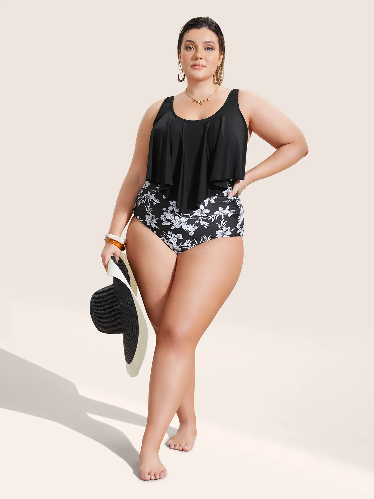 Floral Patchwork Tiered Ruffles One Piece Swimsuit - Image 3