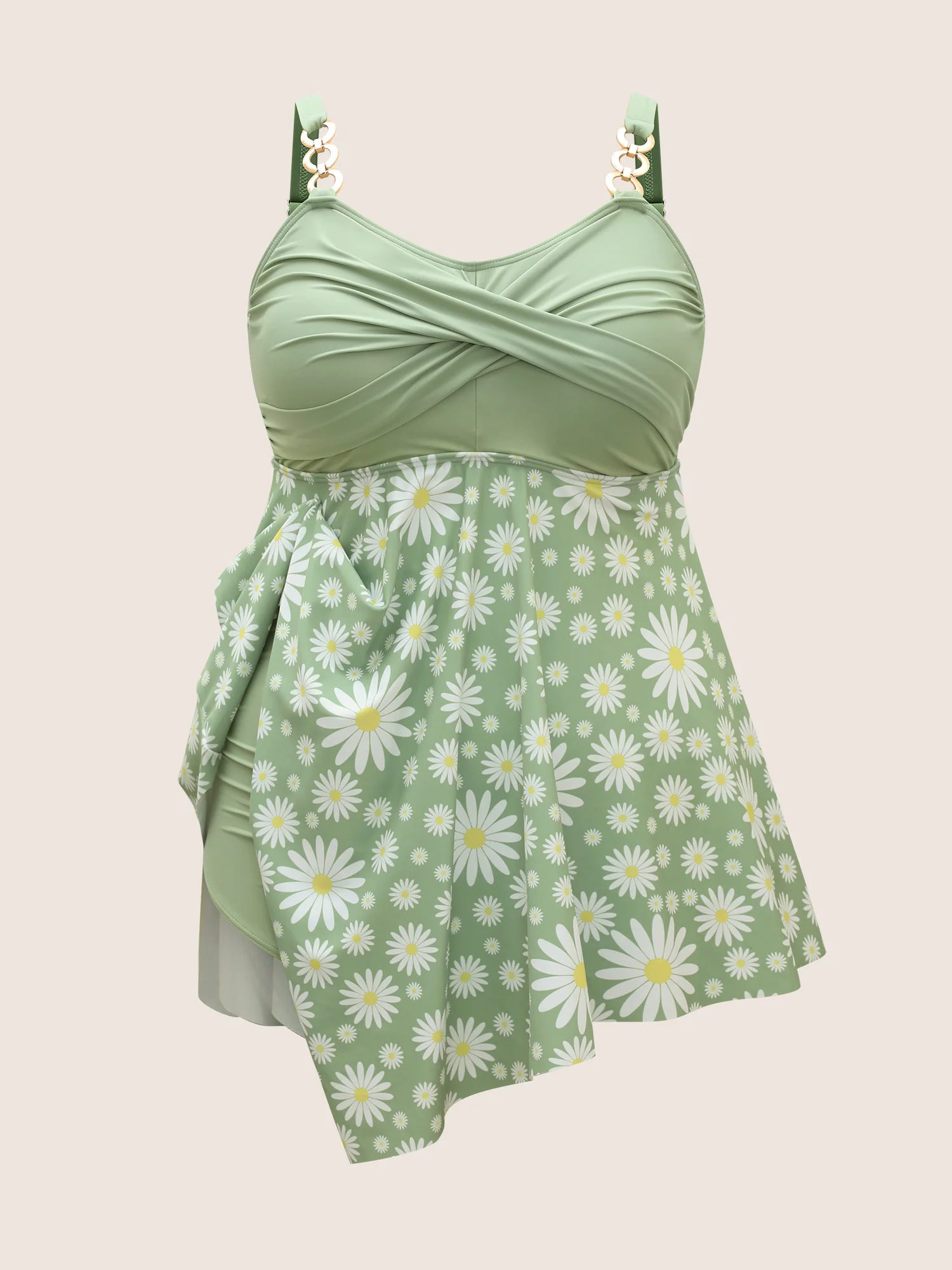 Floral Patchwork Twist Front Buckle Detail Swim Dress - Image 8