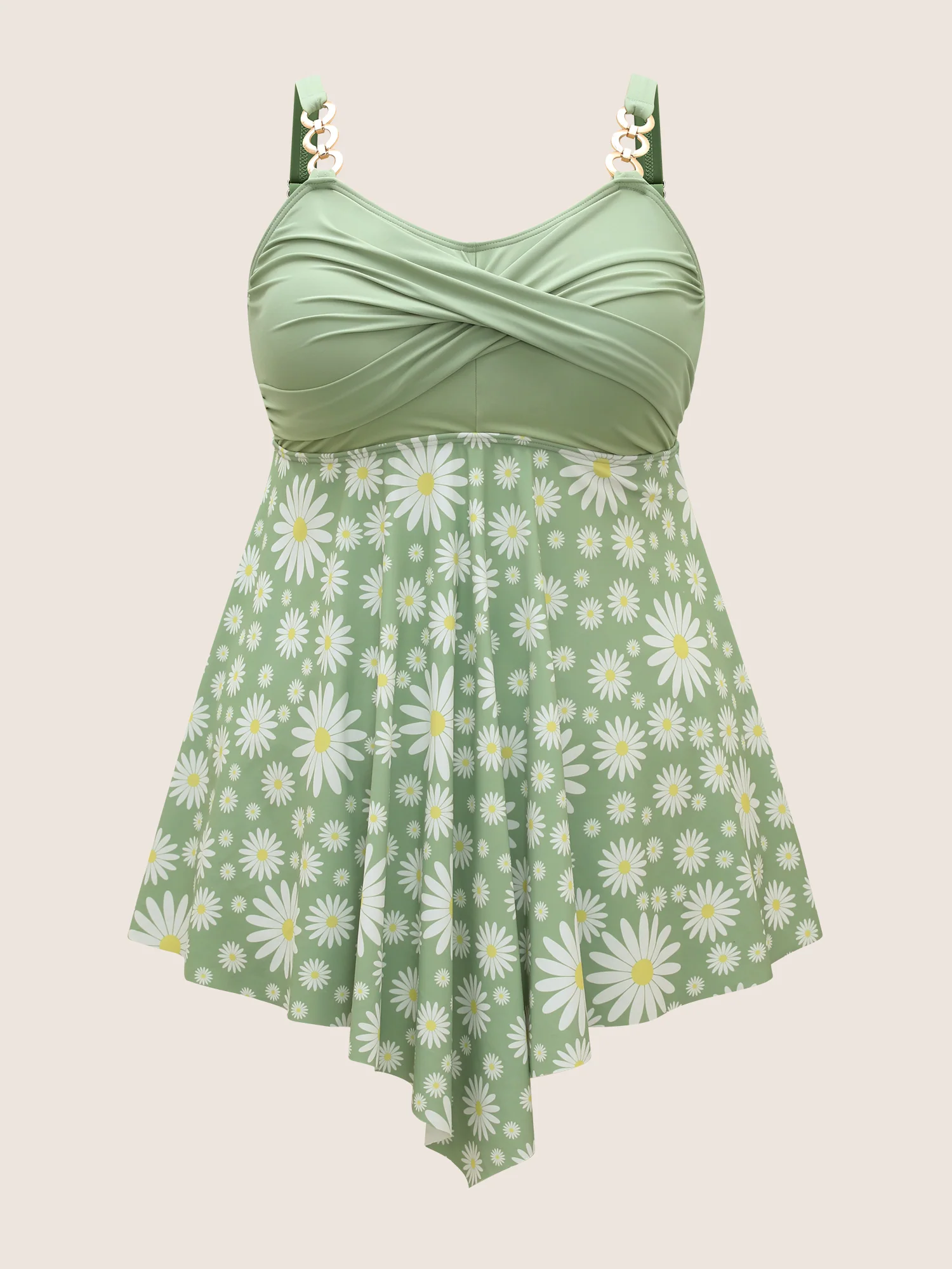 Floral Patchwork Twist Front Buckle Detail Swim Dress - Image 9