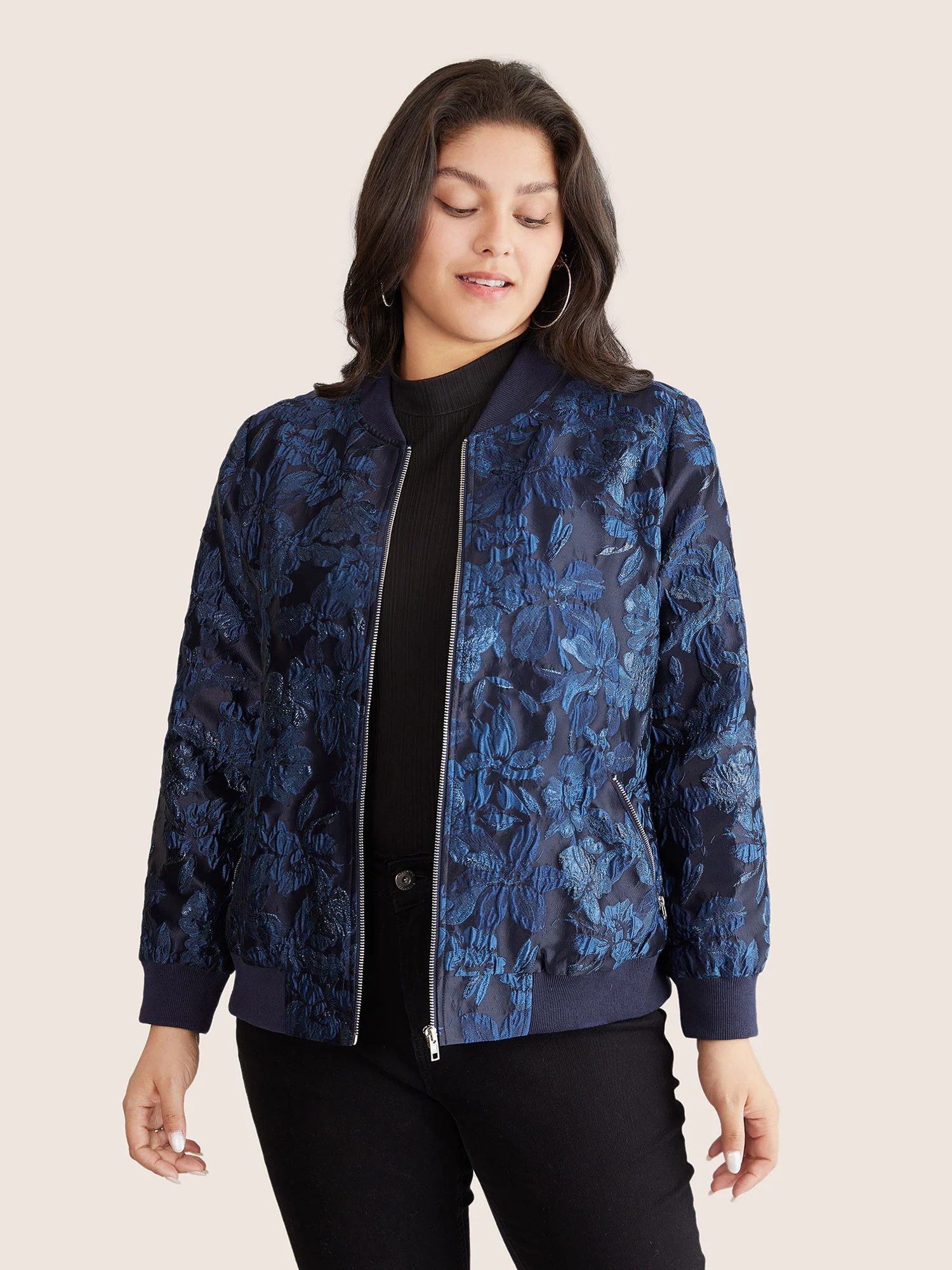 Floral Patchwork Zipper Jacquard Jacket - Image 3