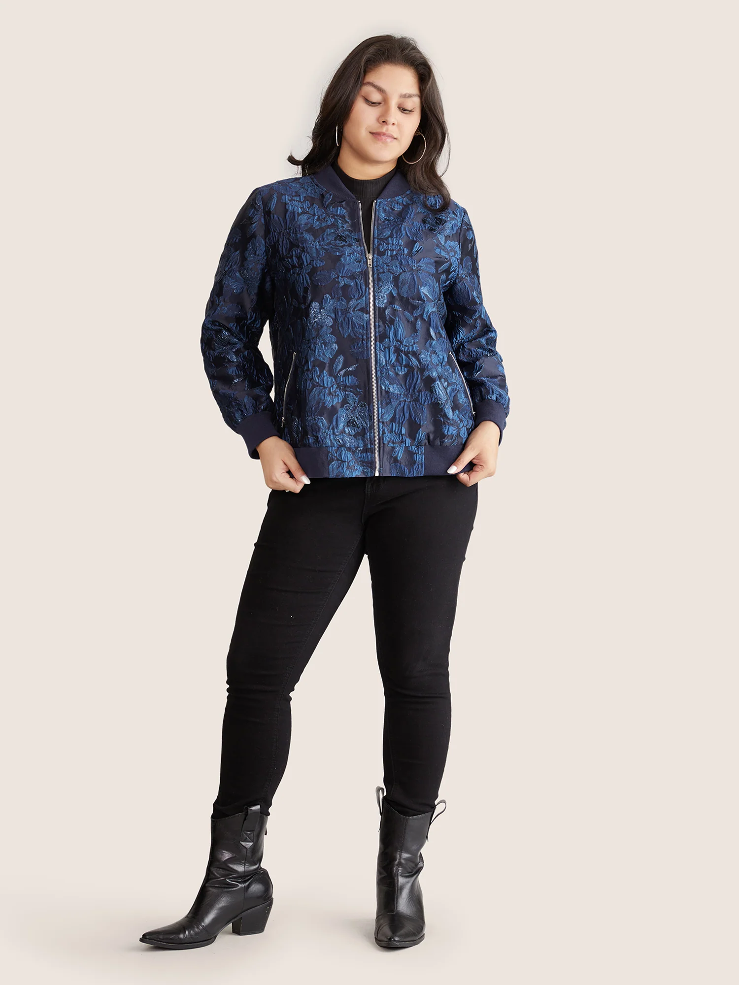 Floral Patchwork Zipper Jacquard Jacket - Image 4