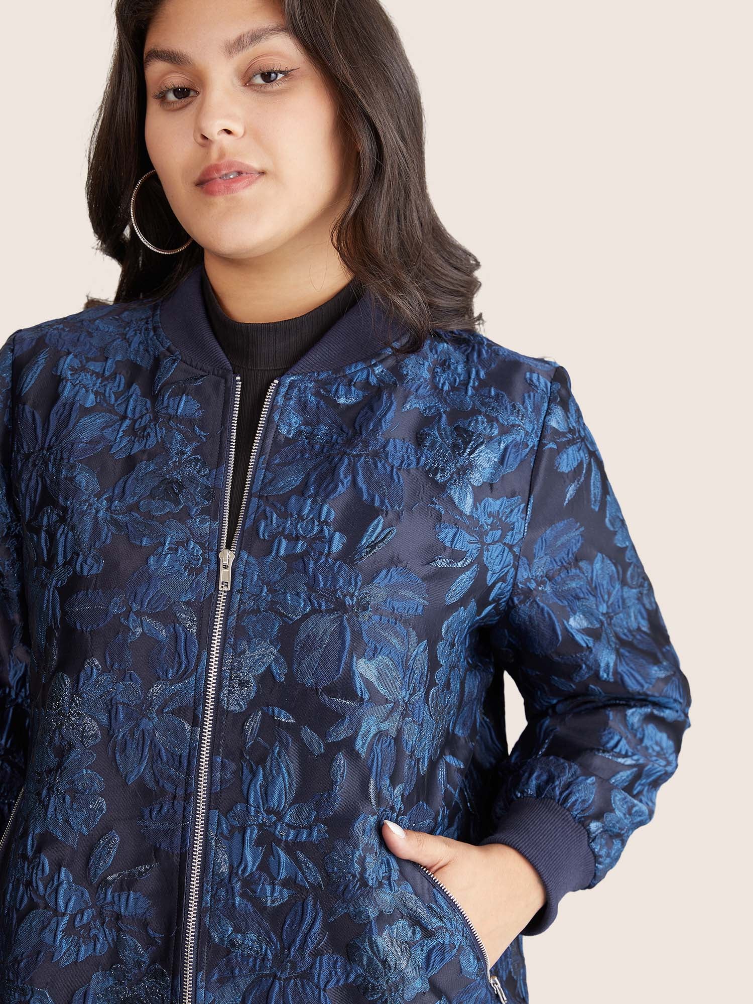 Floral Patchwork Zipper Jacquard Jacket - Image 5
