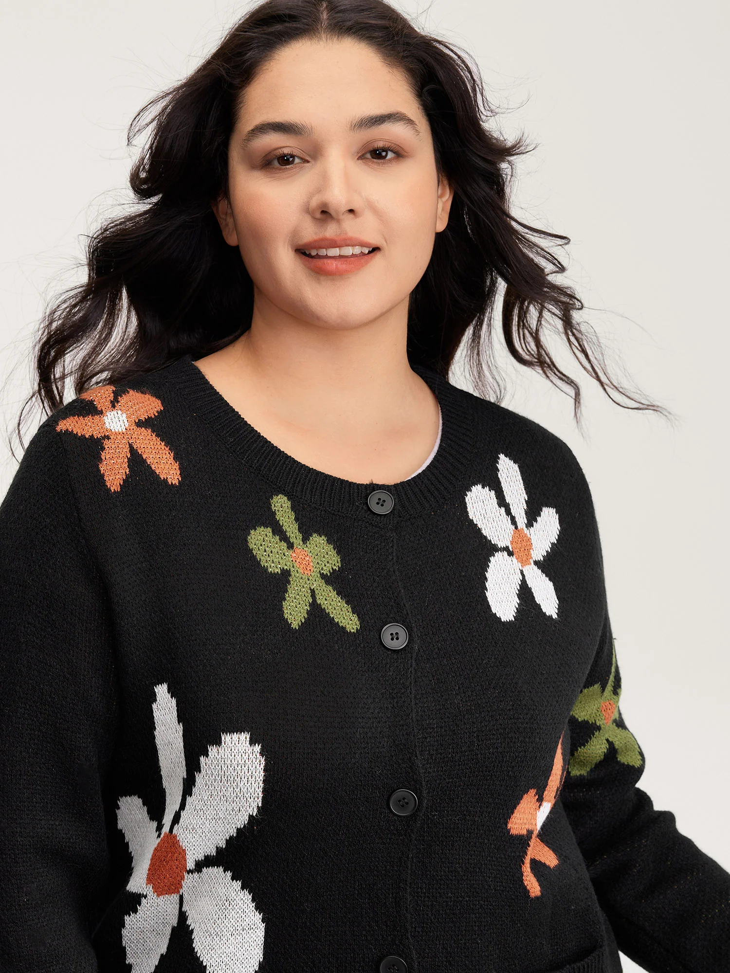 Floral Pattern Button-Down Knit Cardigan - Image 2