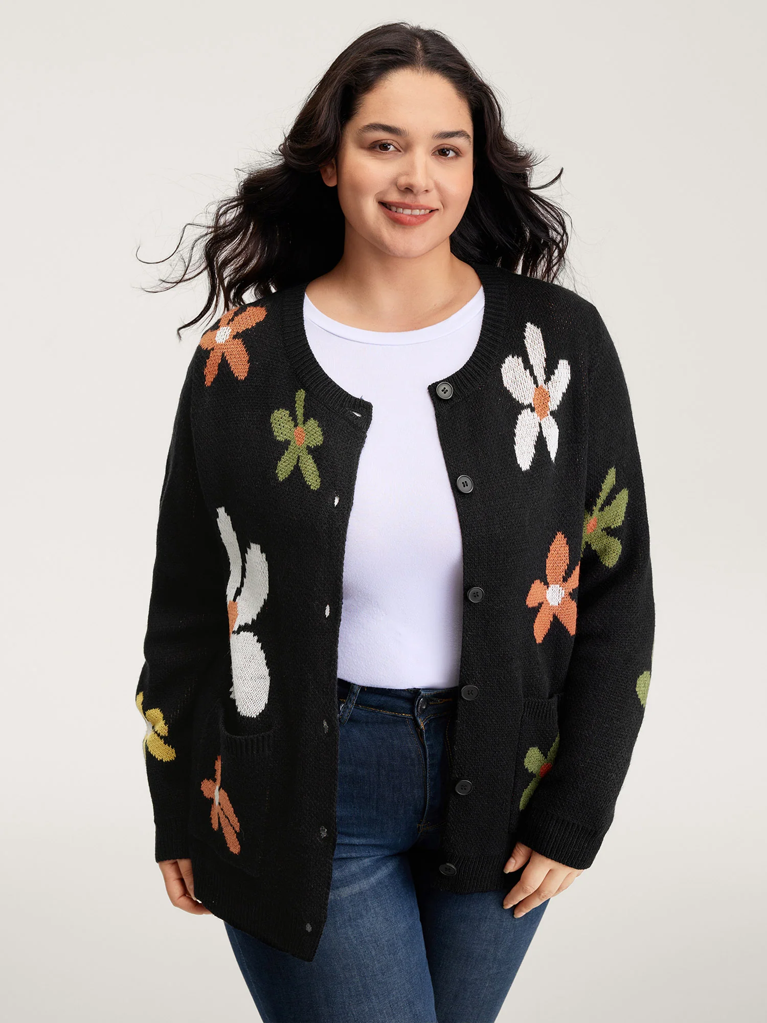 Floral Pattern Button-Down Knit Cardigan - Image 3