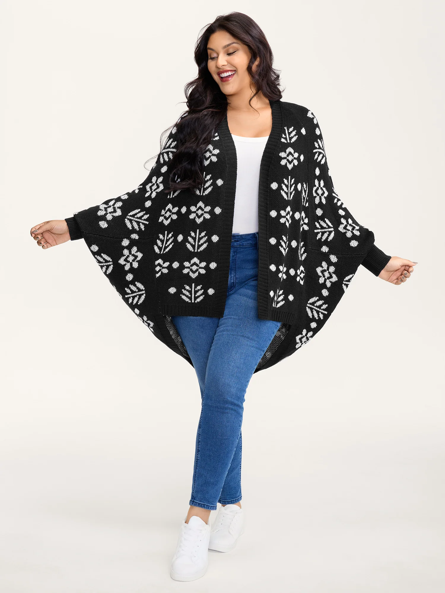 Floral Pattern Cloak-Style Cardigan - Image 3
