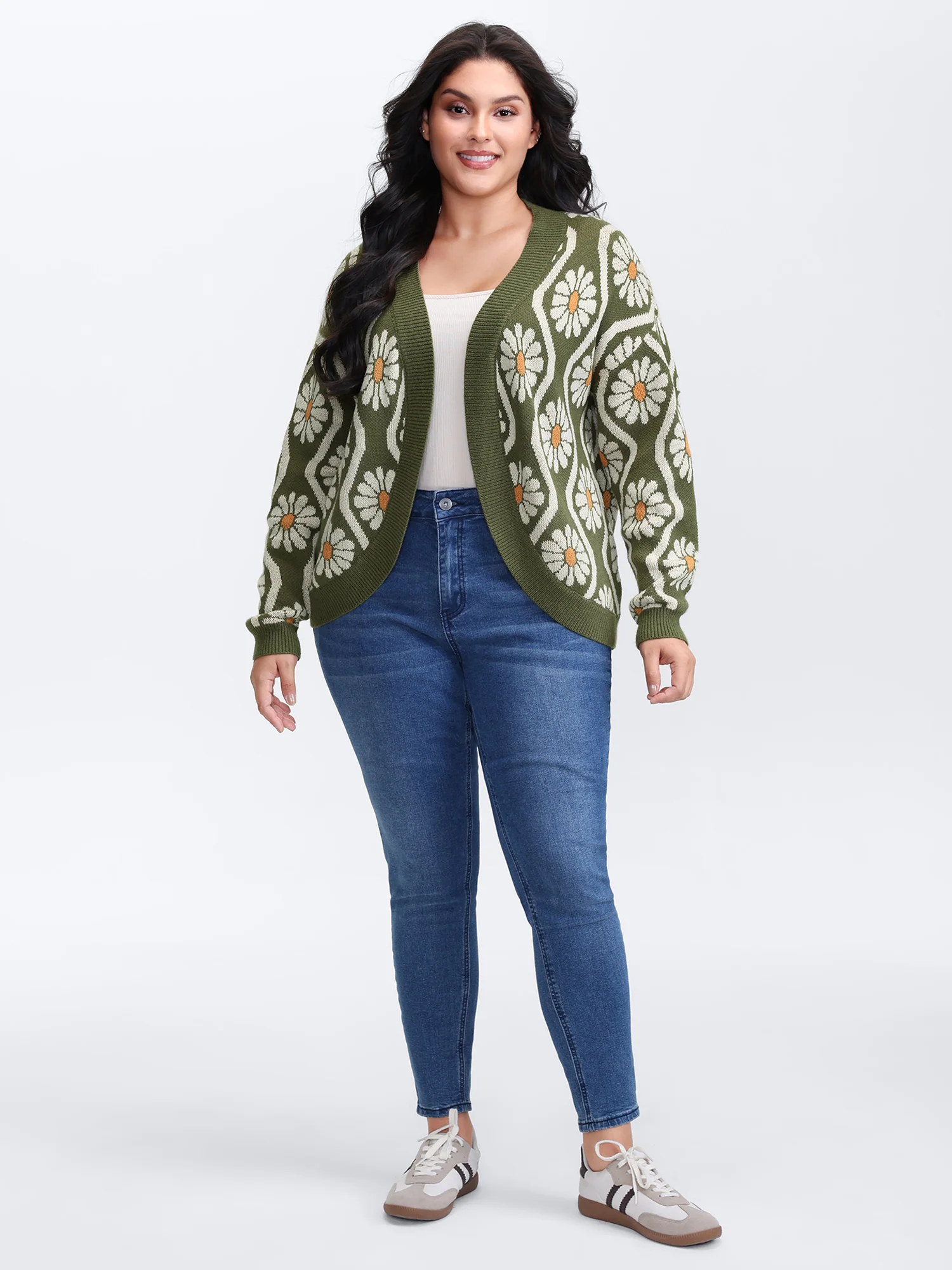 Floral Pattern Jacquard Arc Hem Knit Cardigan - Image 3