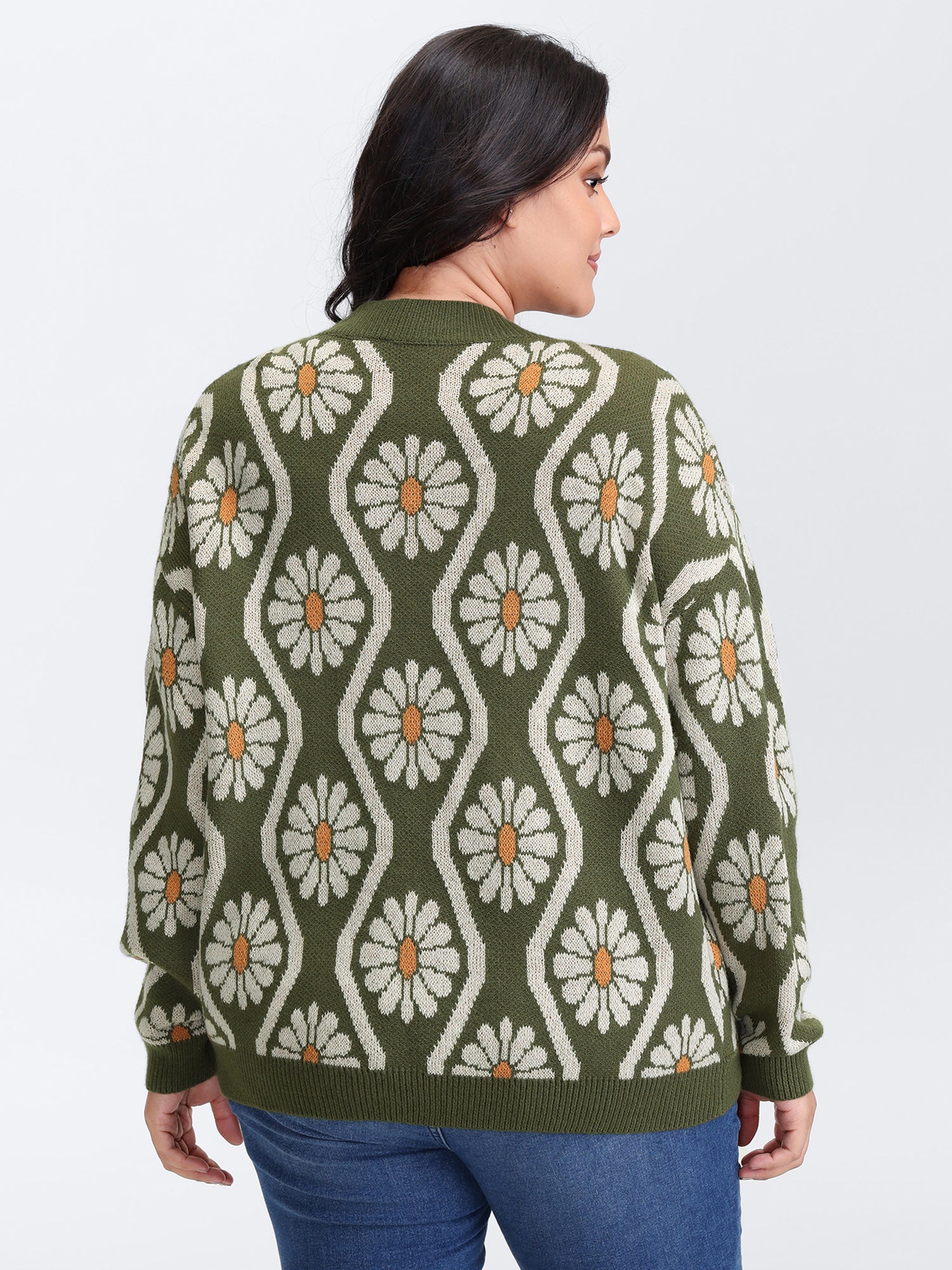 Floral Pattern Jacquard Arc Hem Knit Cardigan - Image 4