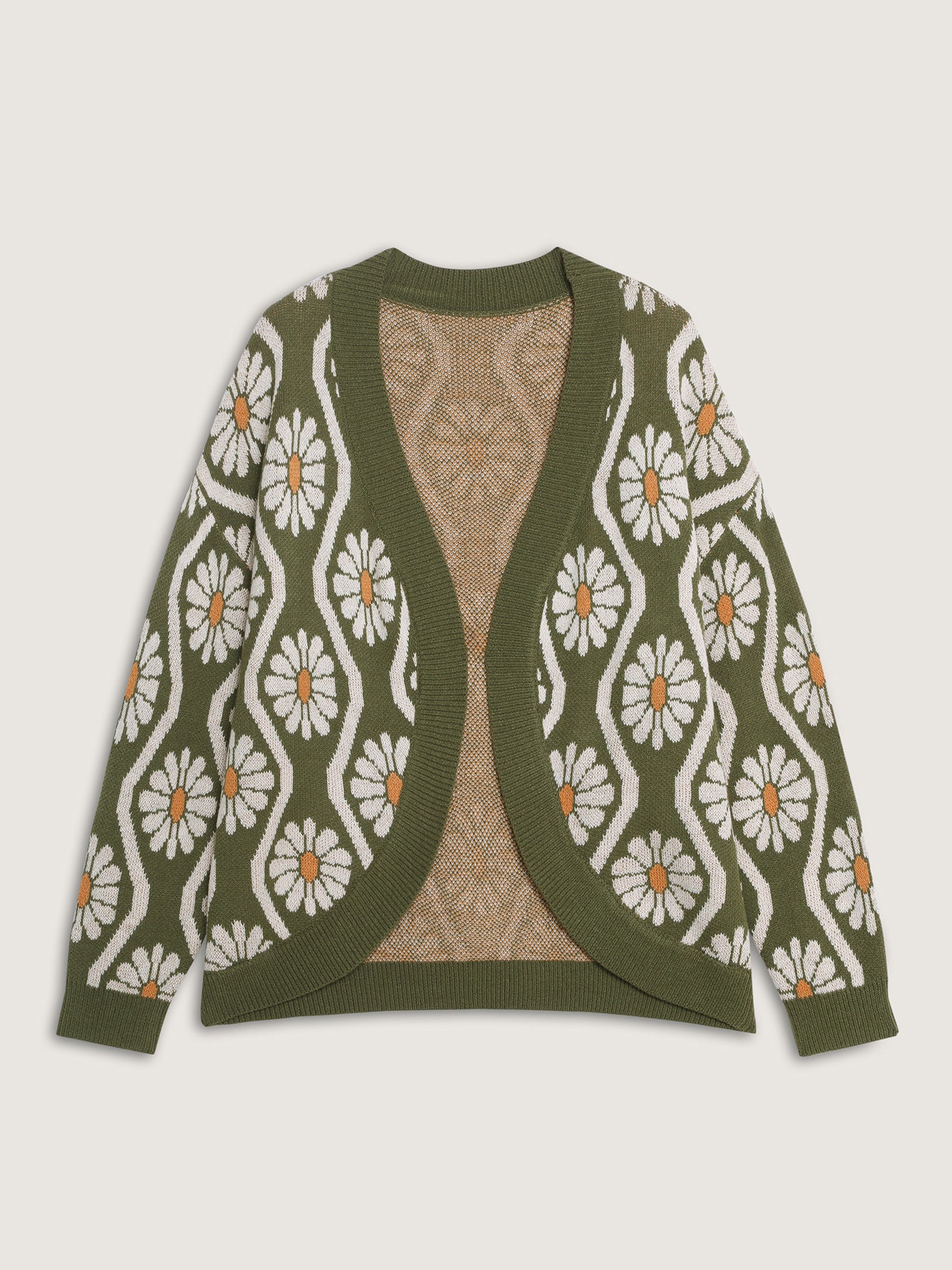 Floral Pattern Jacquard Arc Hem Knit Cardigan - Image 8