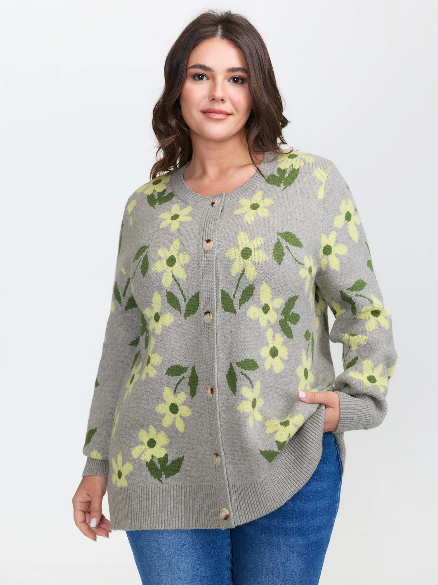 Floral Pattern Jacquard Button Knit Cardigan - Image 2