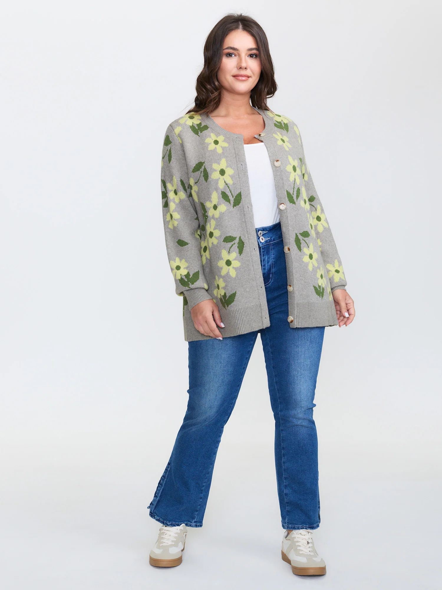 Floral Pattern Jacquard Button Knit Cardigan - Image 3