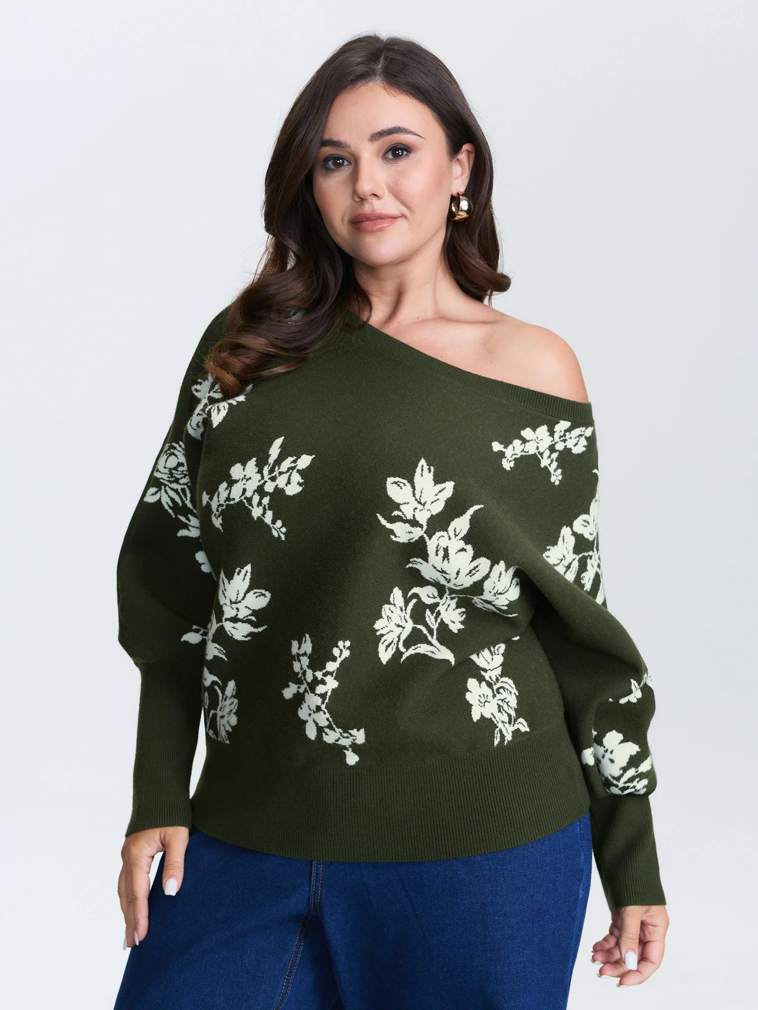 Floral Pattern Jacquard Dolman Sleeve Pullover