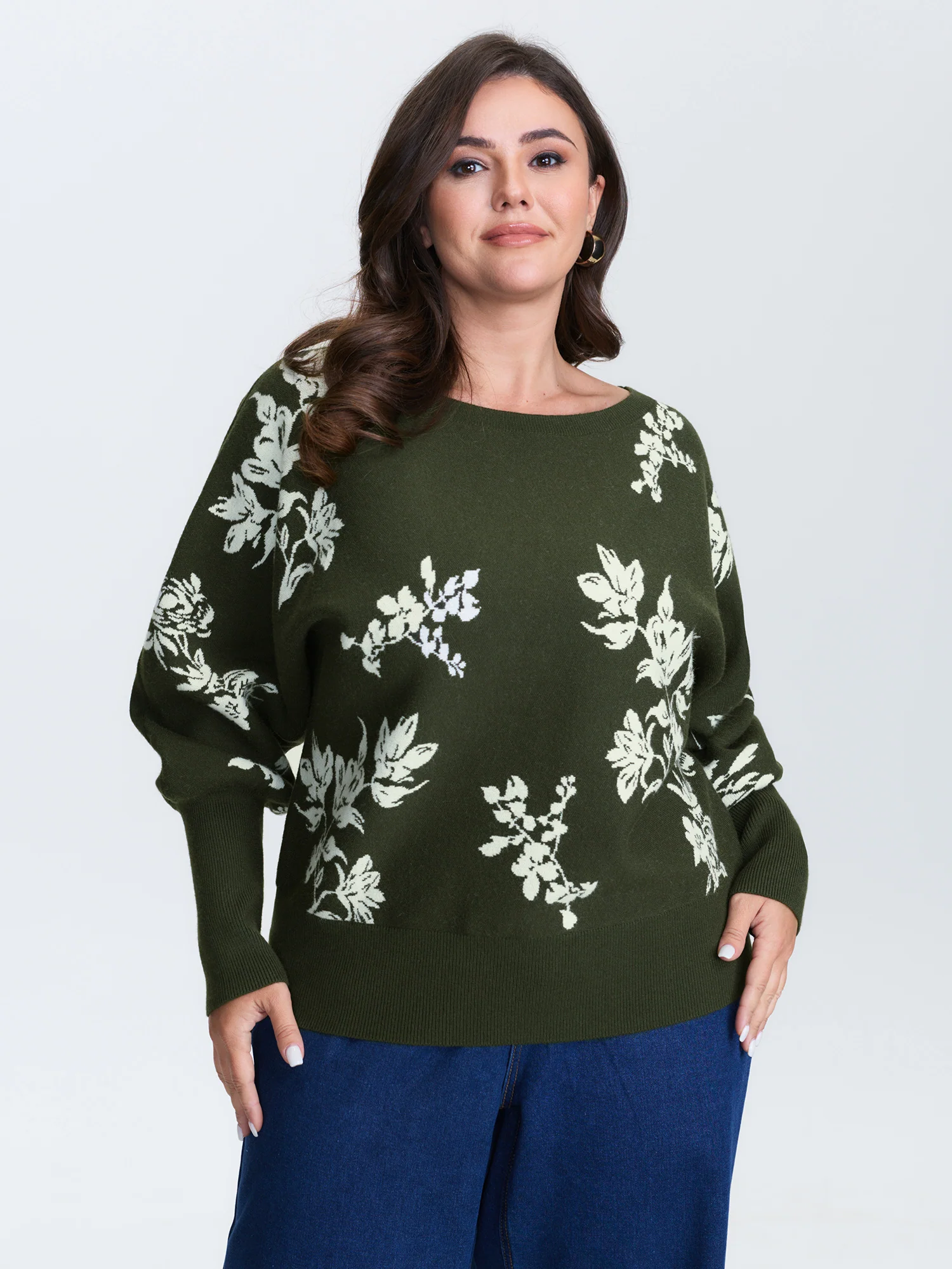 Floral Pattern Jacquard Dolman Sleeve Pullover - Image 2