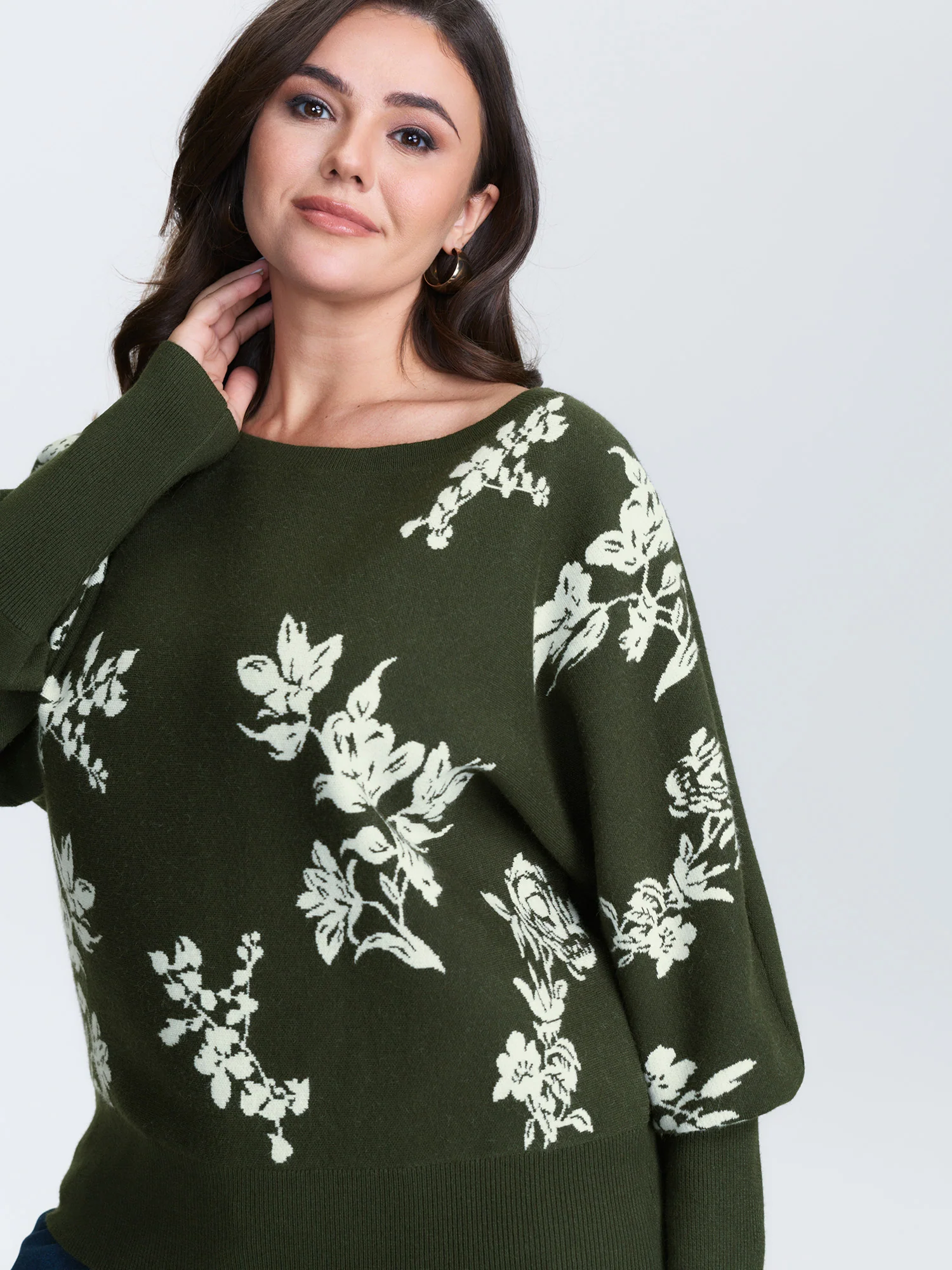 Floral Pattern Jacquard Dolman Sleeve Pullover - Image 3
