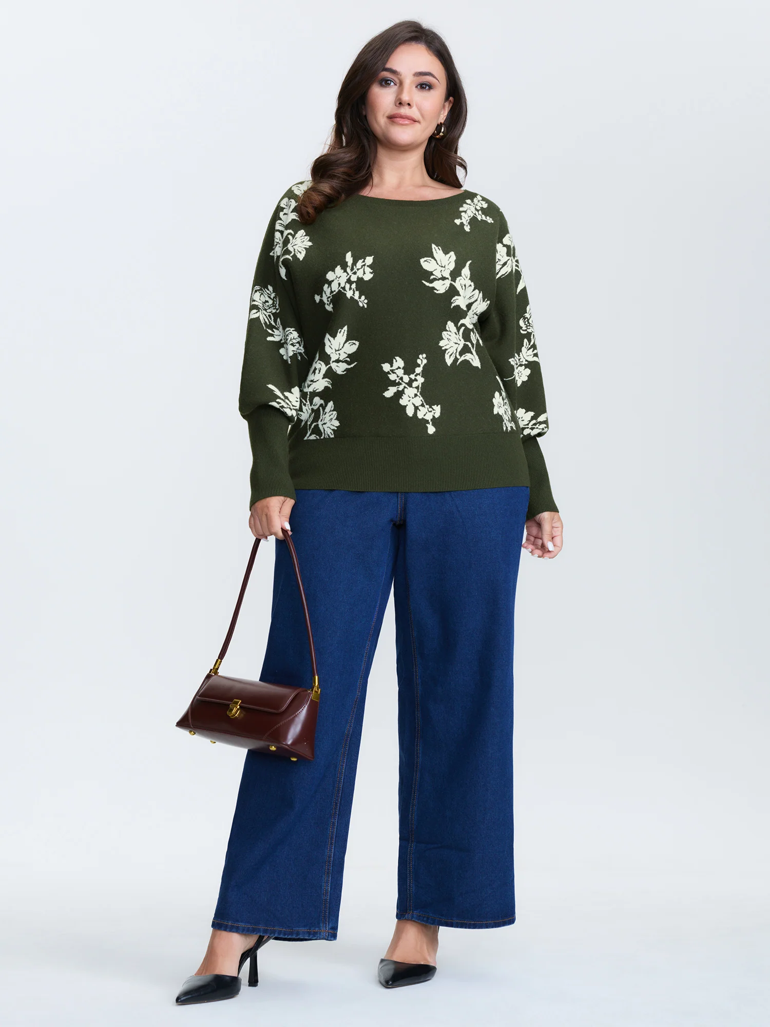 Floral Pattern Jacquard Dolman Sleeve Pullover - Image 4