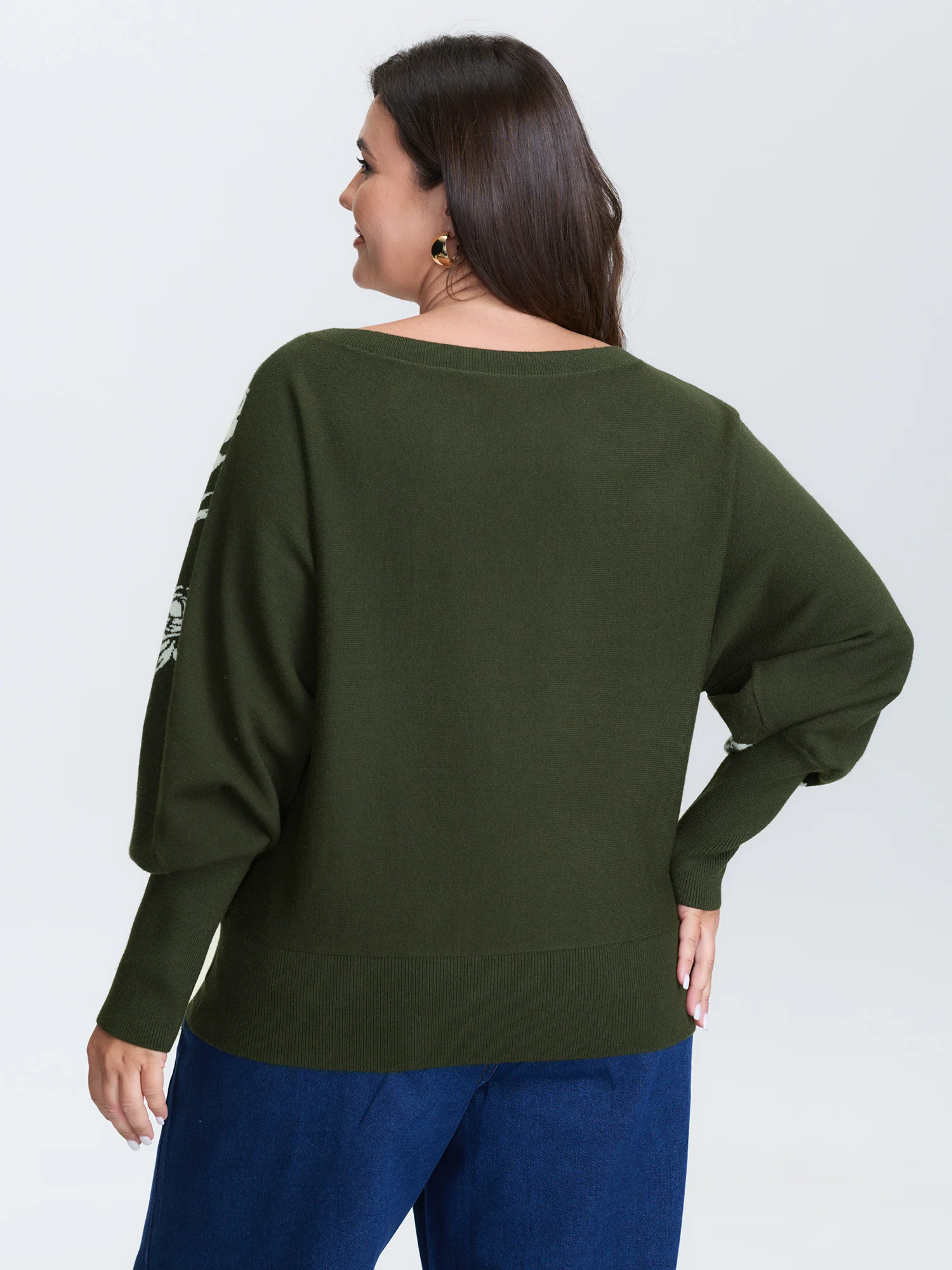 Floral Pattern Jacquard Dolman Sleeve Pullover - Image 5