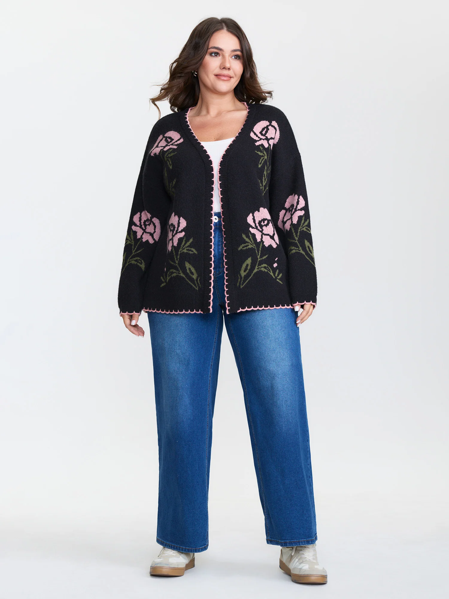 Floral Pattern Jacquard Wavy Edge Knit Cardigan - Image 3