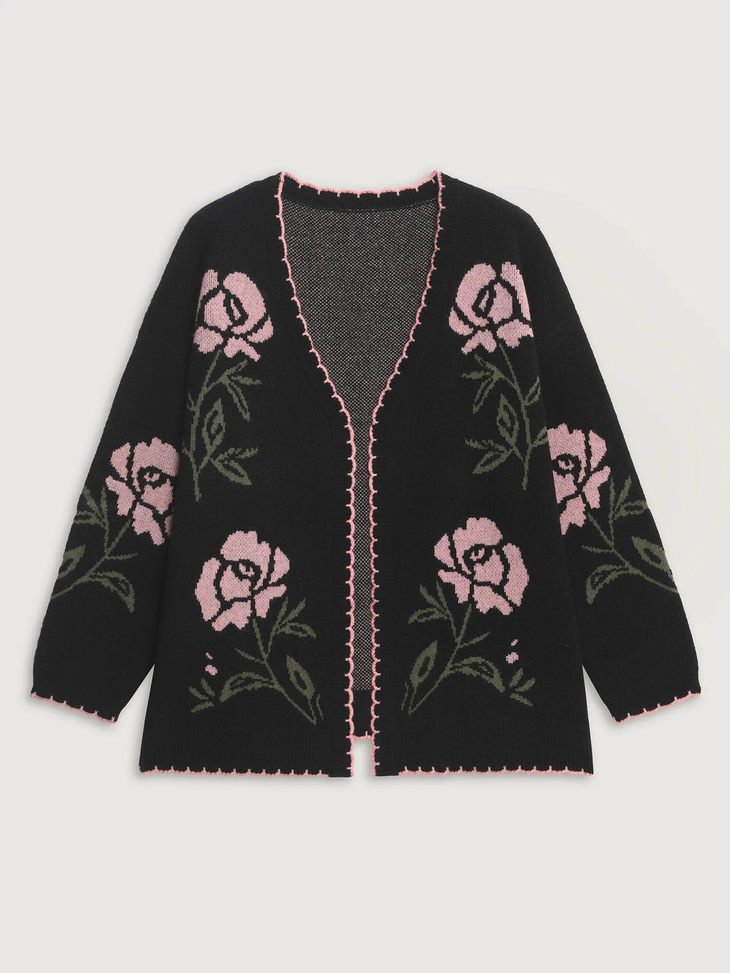 Floral Pattern Jacquard Wavy Edge Knit Cardigan - Image 8