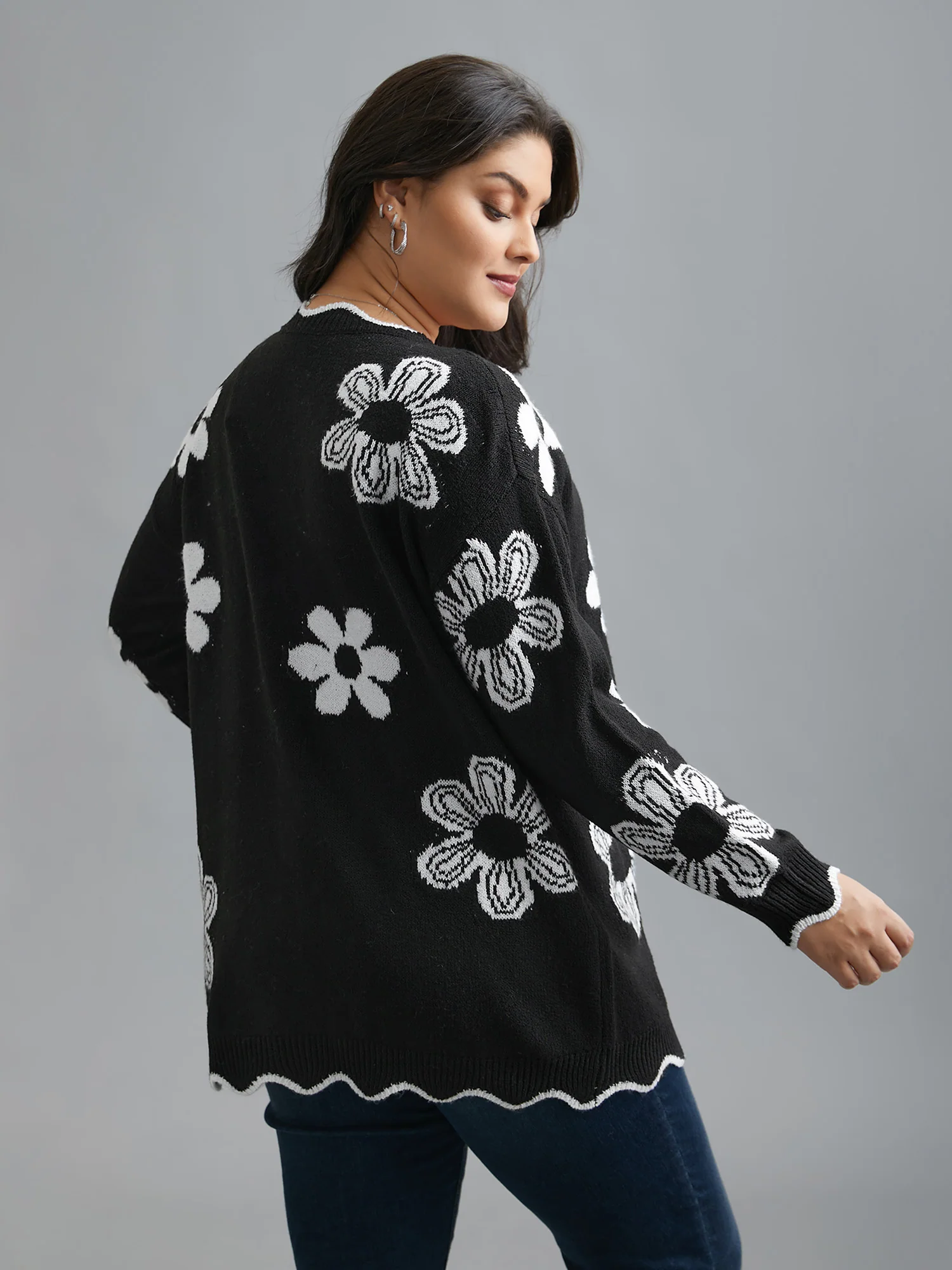 Floral Pattern Open-Front Knitted Cardigan - Image 10