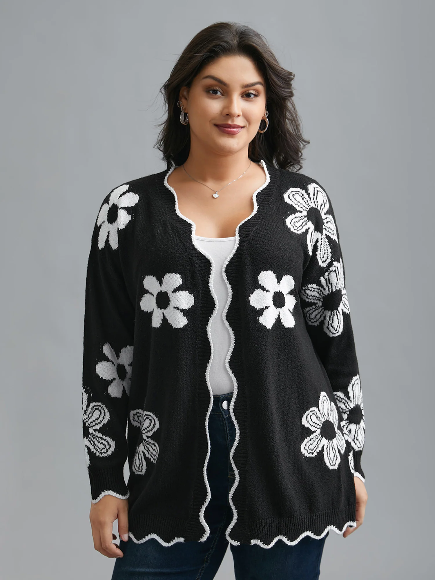 Floral Pattern Open-Front Knitted Cardigan - Image 11