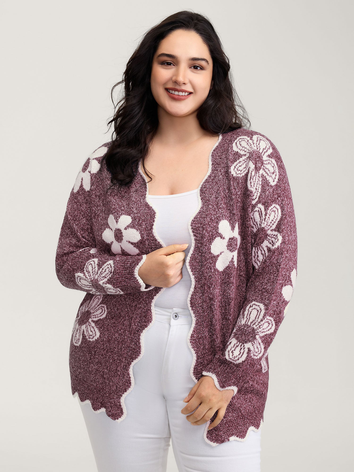 Floral Pattern Open-Front Knitted Cardigan - Image 12