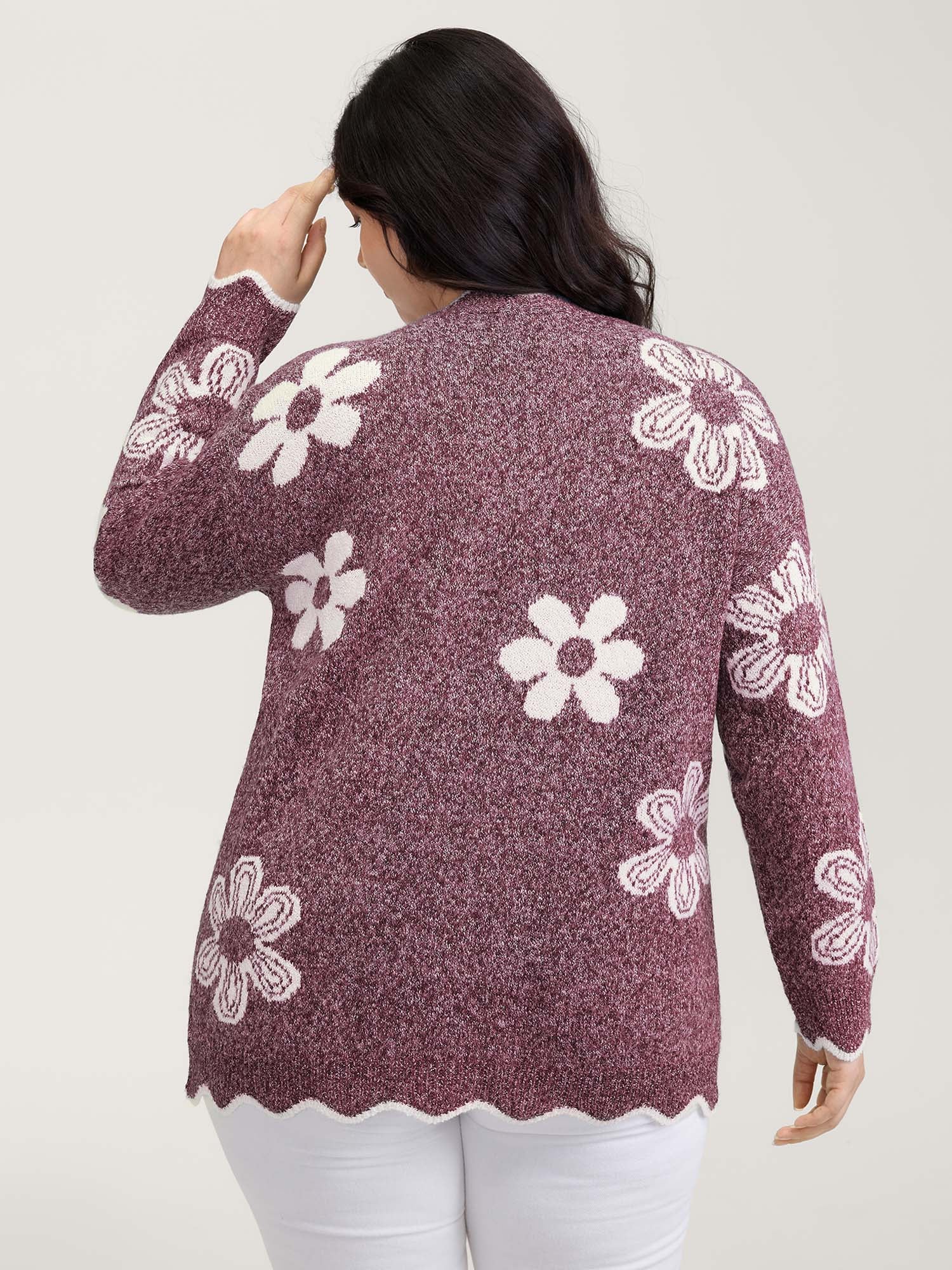 Floral Pattern Open-Front Knitted Cardigan - Image 13