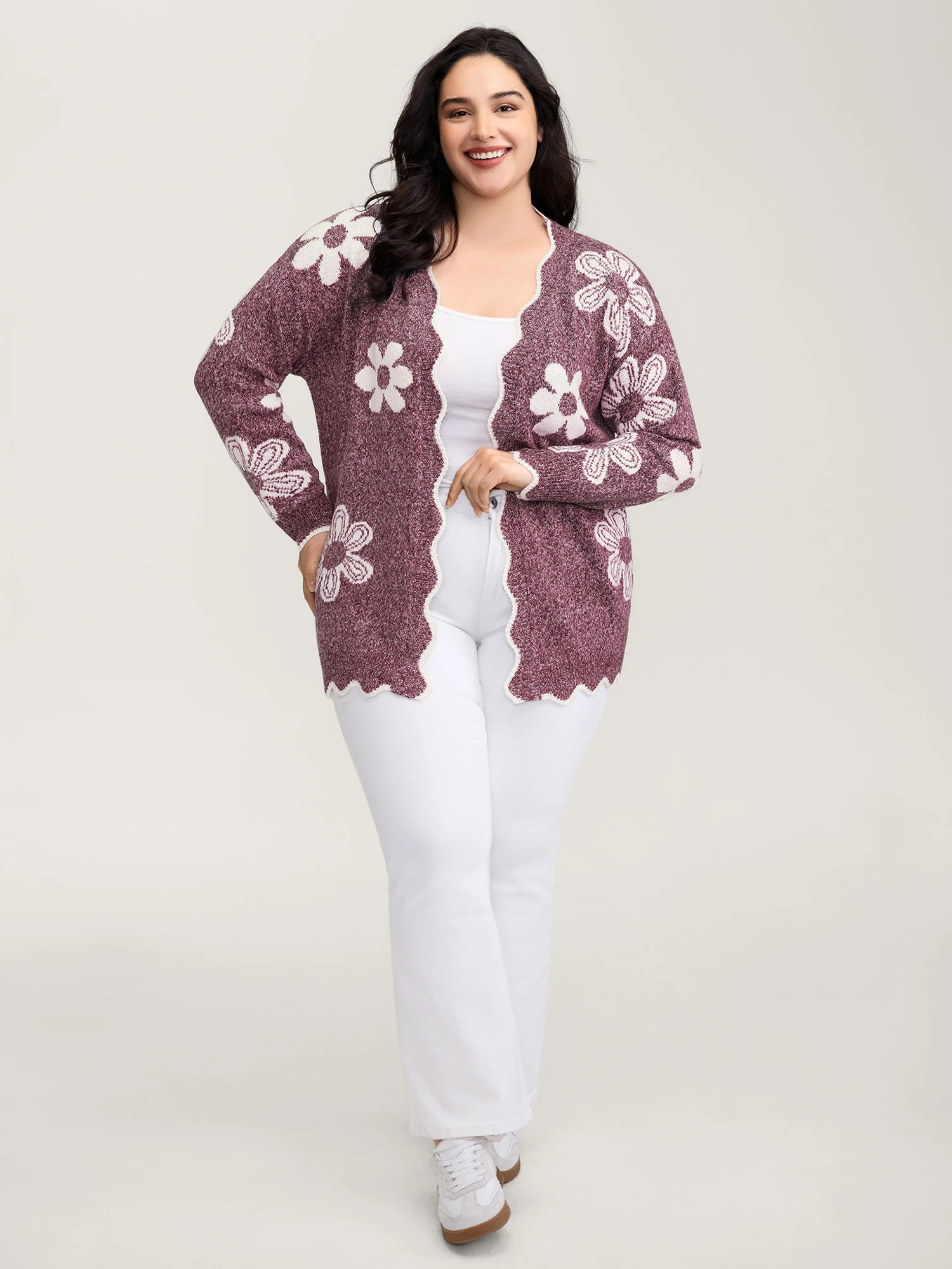 Floral Pattern Open-Front Knitted Cardigan - Image 14