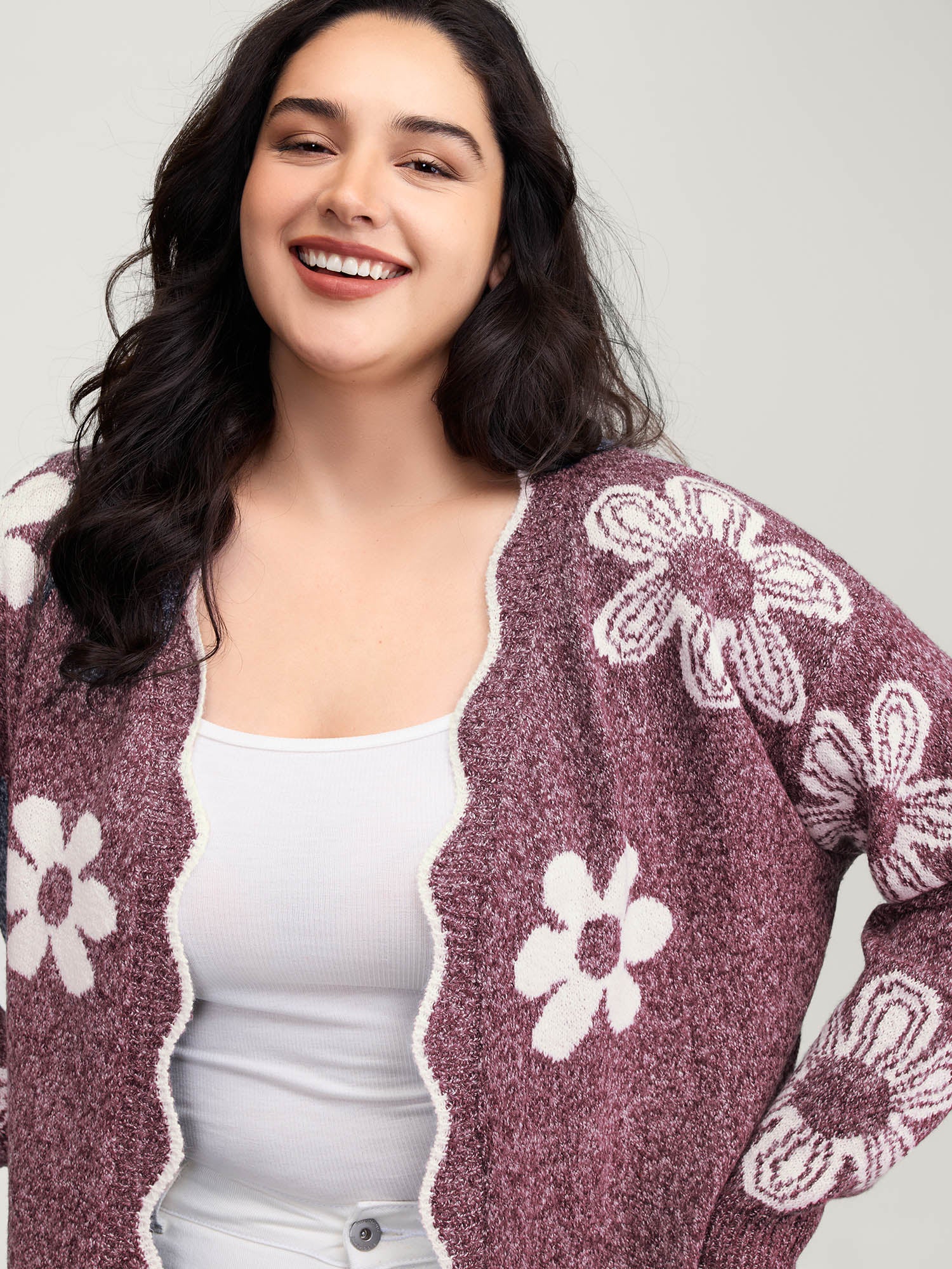 Floral Pattern Open-Front Knitted Cardigan - Image 15