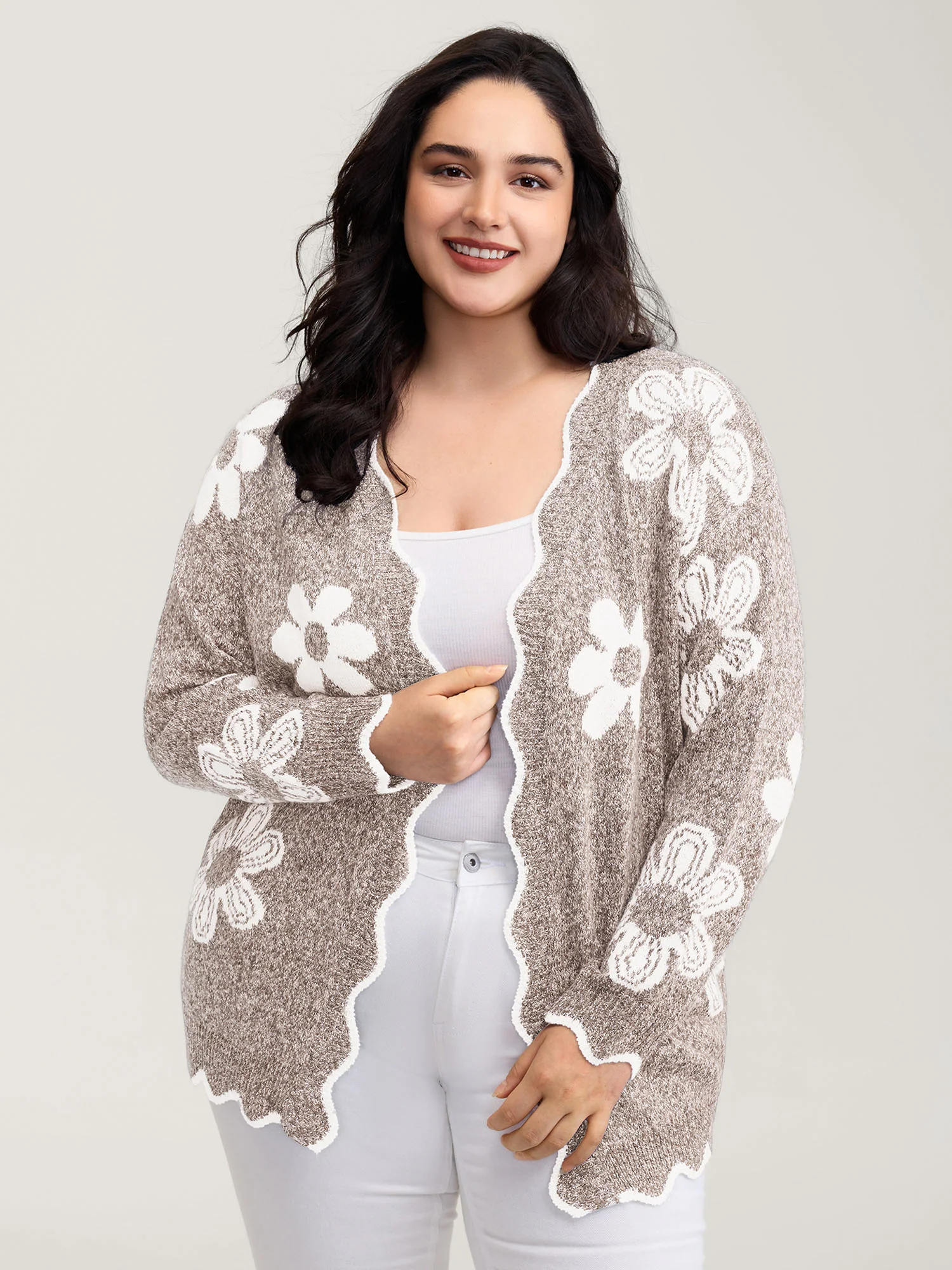 Floral Pattern Open-Front Knitted Cardigan - Image 16
