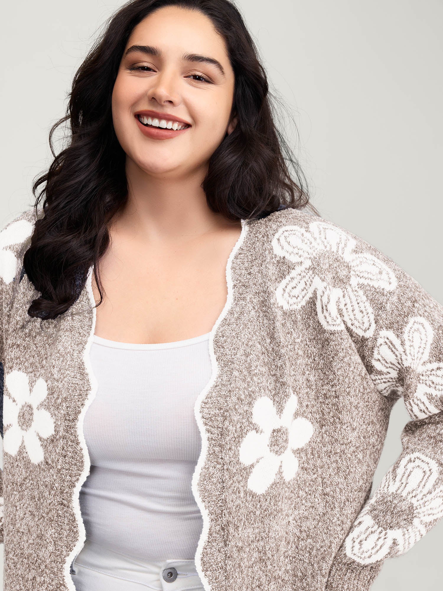 Floral Pattern Open-Front Knitted Cardigan - Image 17