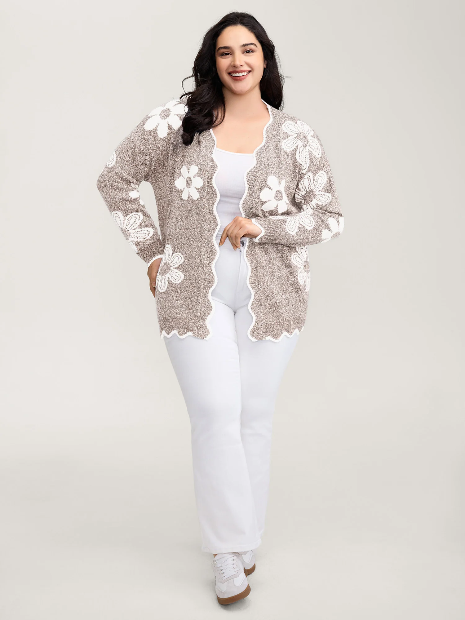 Floral Pattern Open-Front Knitted Cardigan - Image 18
