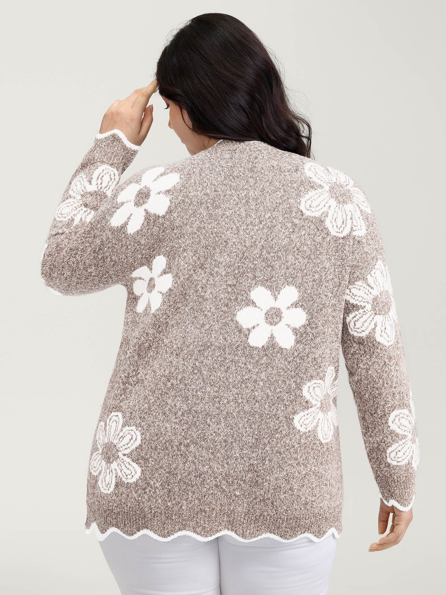 Floral Pattern Open-Front Knitted Cardigan - Image 19