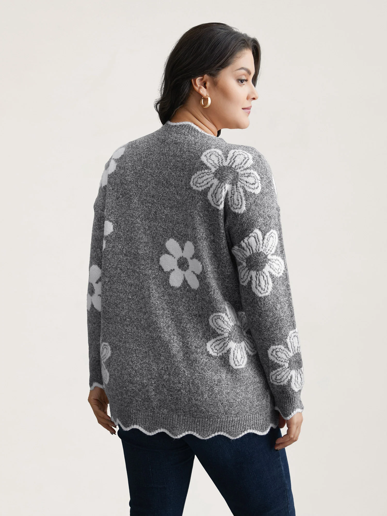 Floral Pattern Open-Front Knitted Cardigan - Image 2