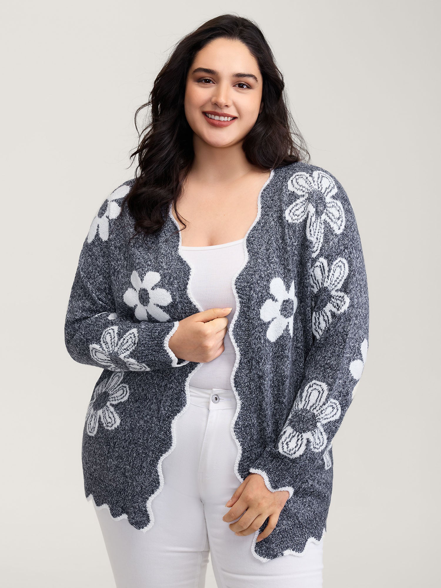 Floral Pattern Open-Front Knitted Cardigan - Image 20