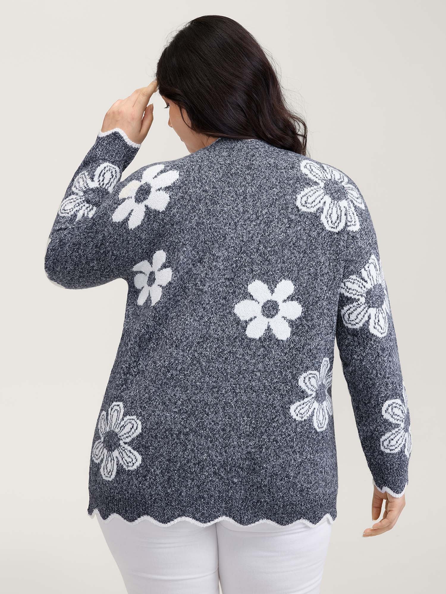 Floral Pattern Open-Front Knitted Cardigan - Image 21