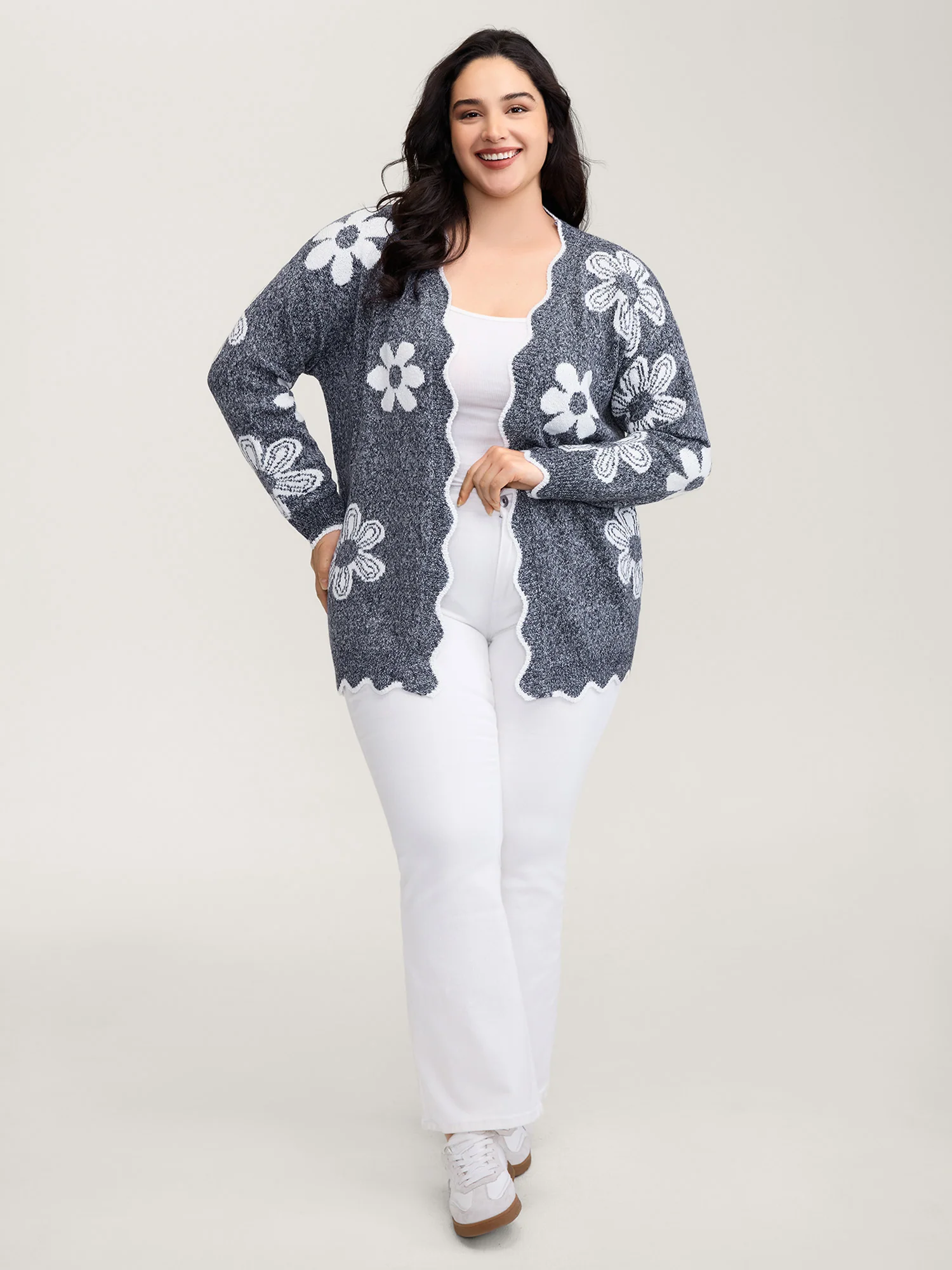 Floral Pattern Open-Front Knitted Cardigan - Image 22