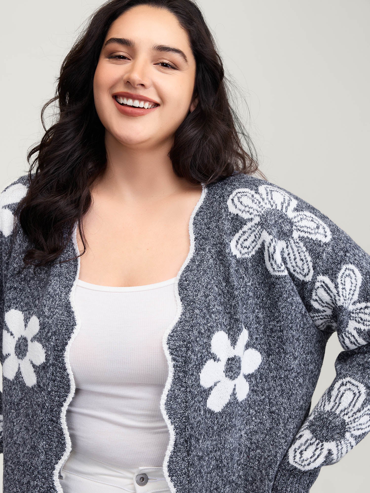 Floral Pattern Open-Front Knitted Cardigan - Image 23