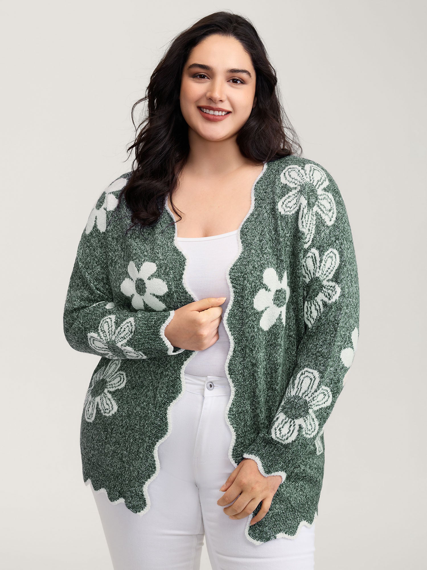 Floral Pattern Open-Front Knitted Cardigan - Image 24