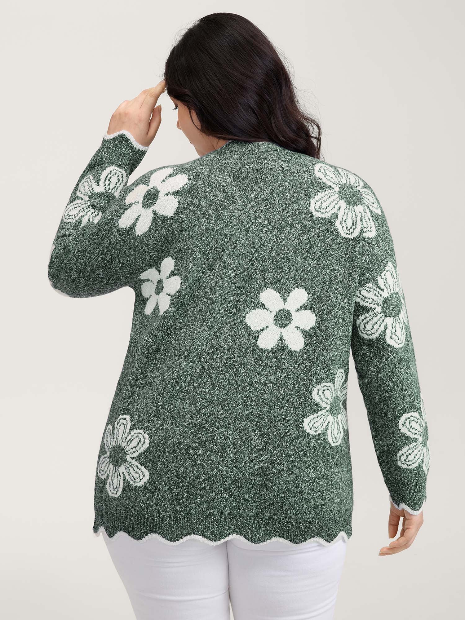 Floral Pattern Open-Front Knitted Cardigan - Image 25