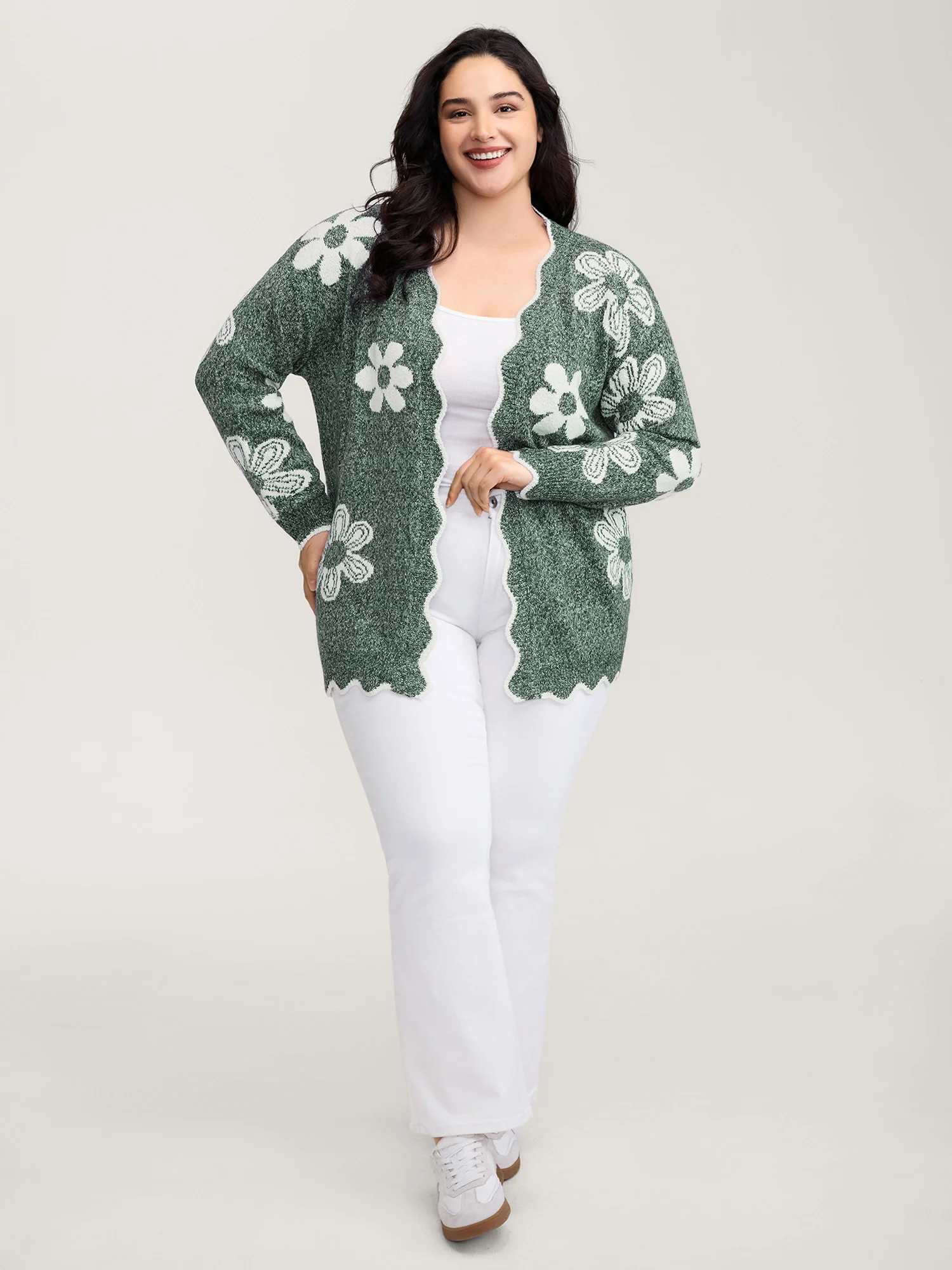 Floral Pattern Open-Front Knitted Cardigan - Image 26