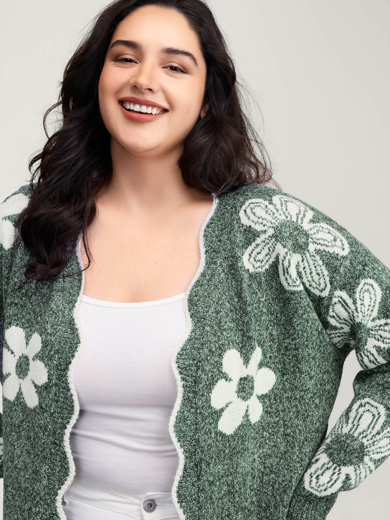 Floral Pattern Open-Front Knitted Cardigan - Image 27