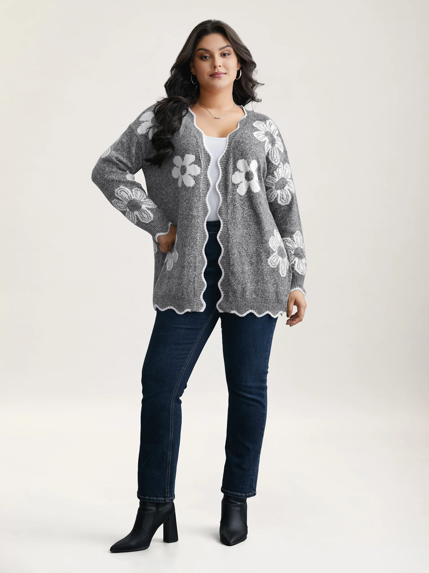 Floral Pattern Open-Front Knitted Cardigan - Image 3