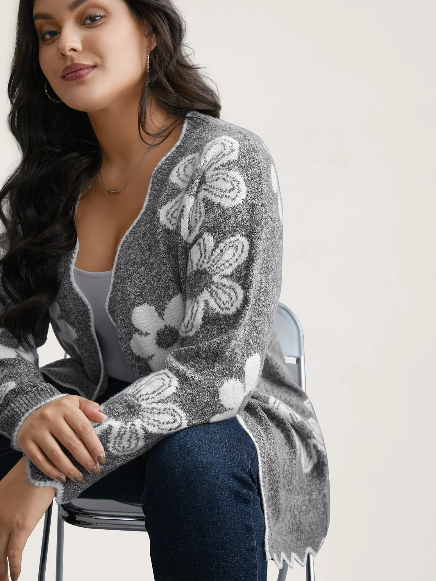 Floral Pattern Open-Front Knitted Cardigan - Image 4