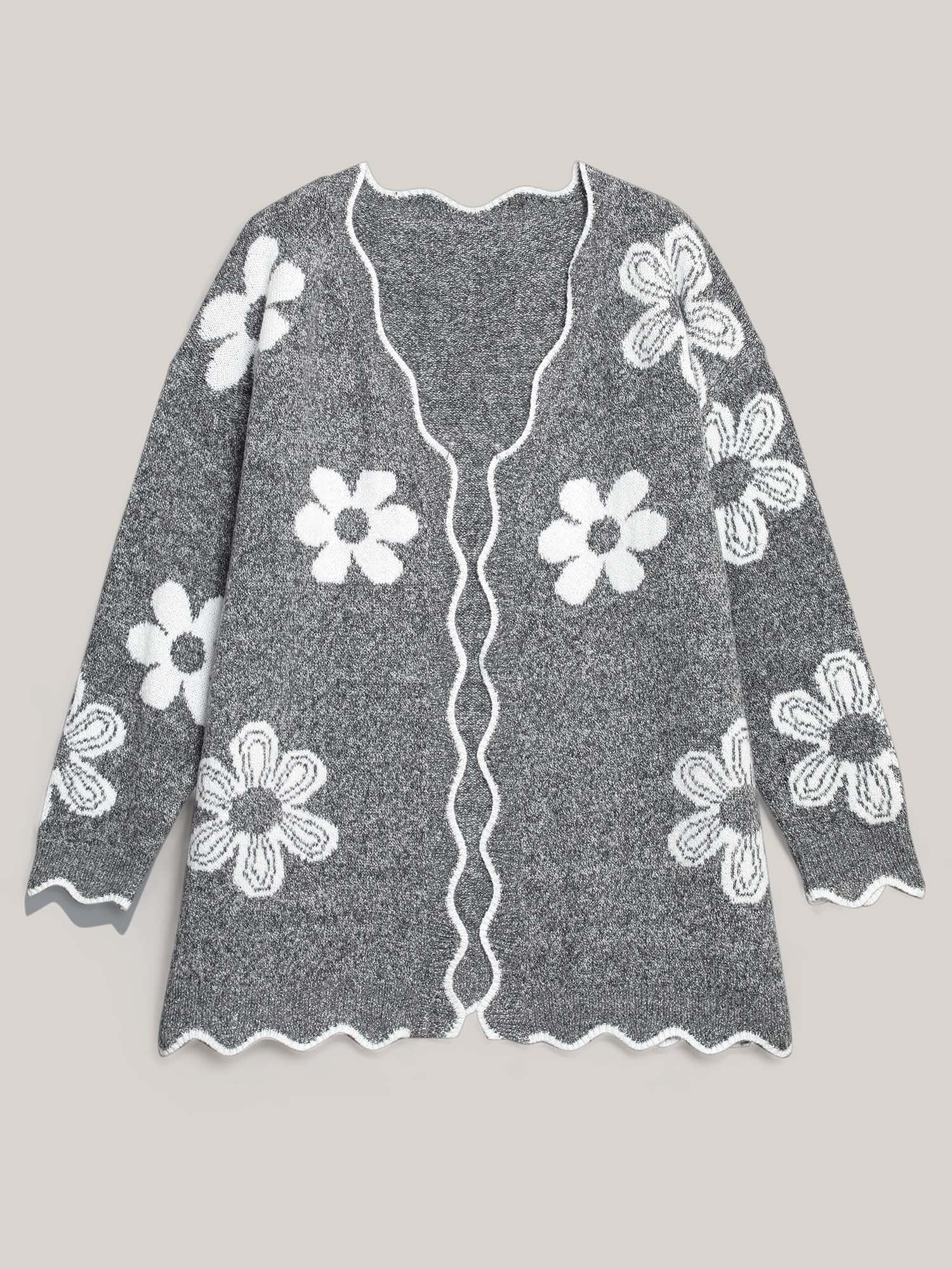 Floral Pattern Open-Front Knitted Cardigan - Image 8