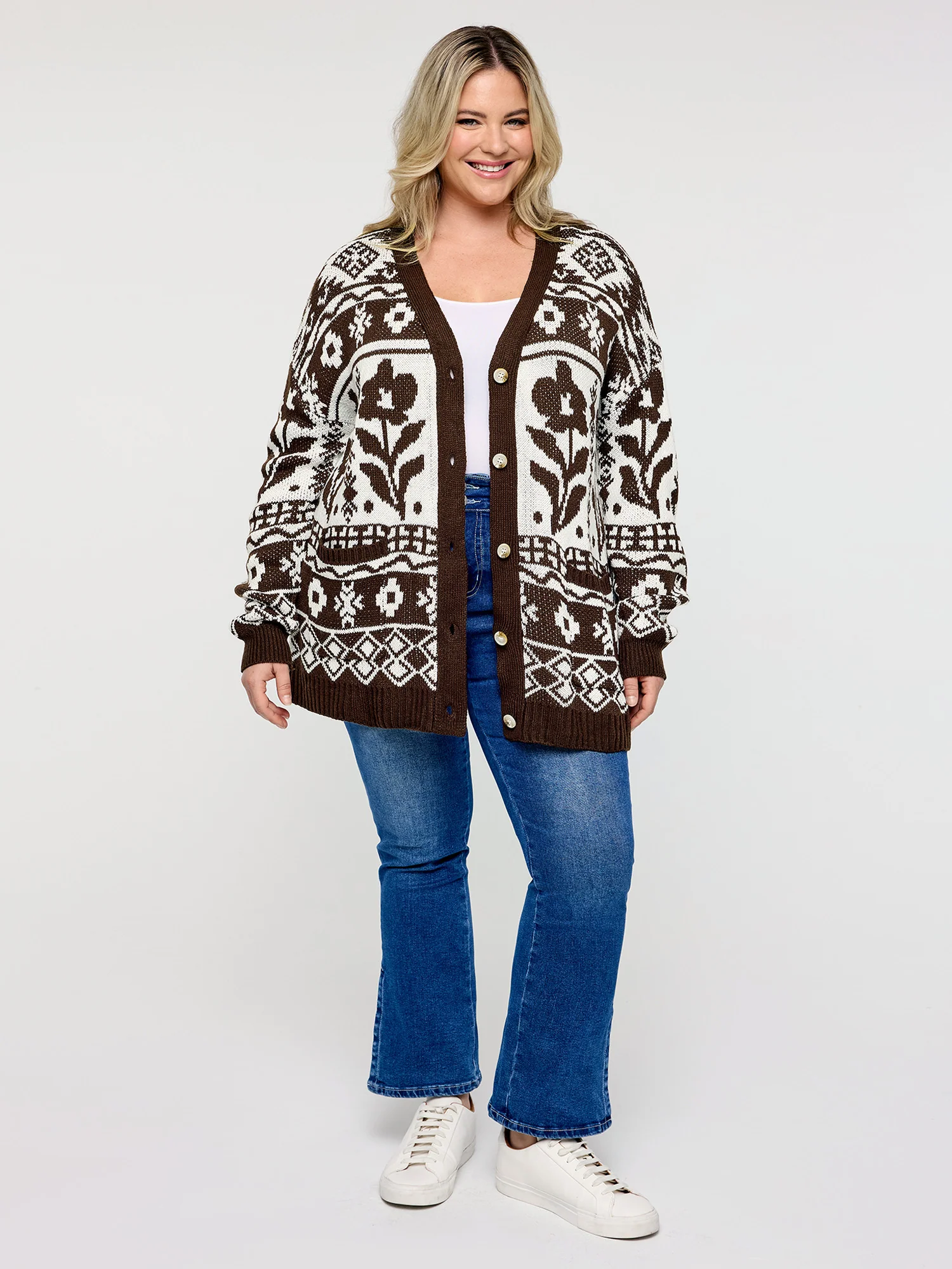 Floral Pattern Pockets Button Knit Cardigan - Image 2