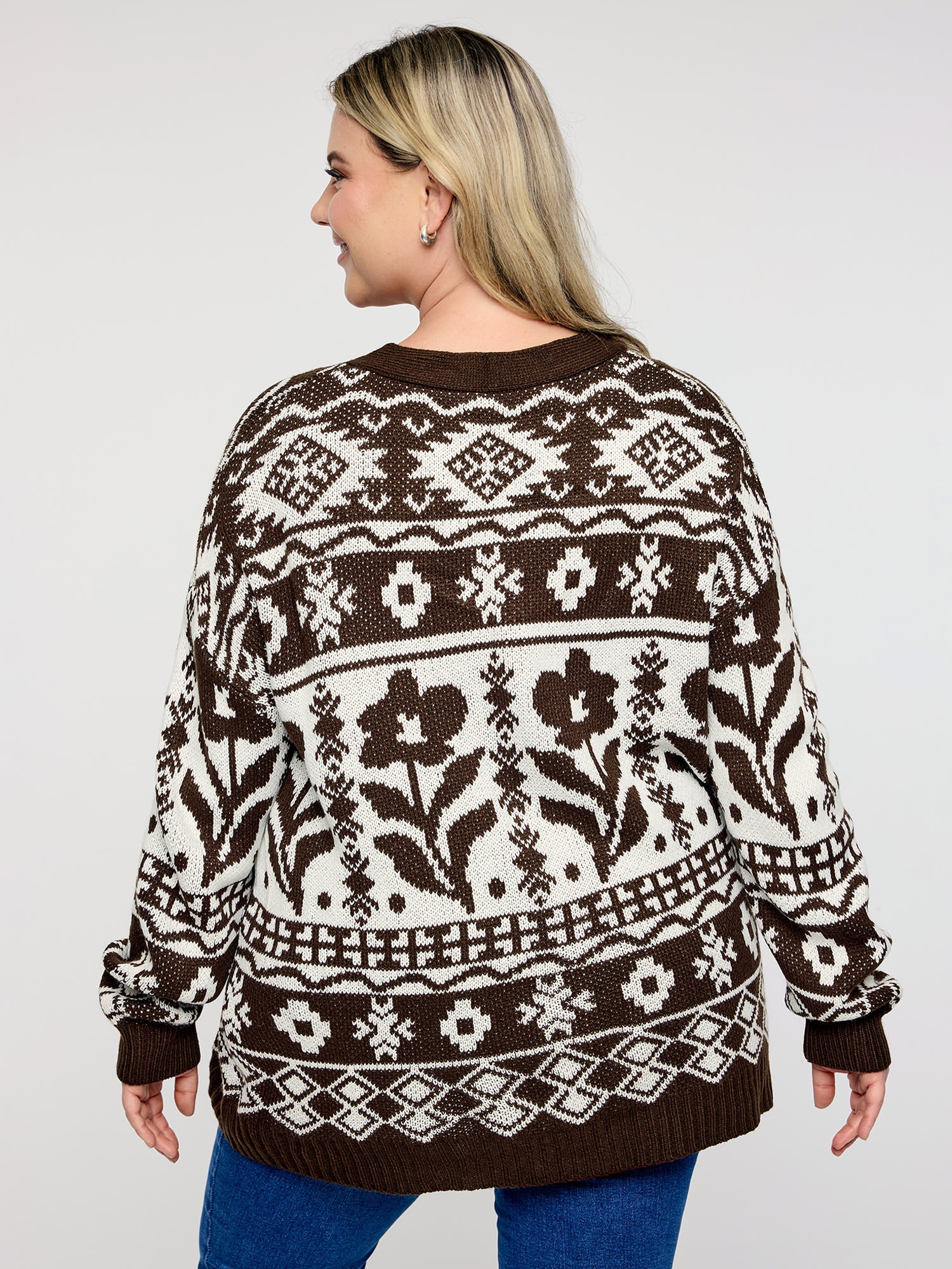 Floral Pattern Pockets Button Knit Cardigan - Image 4